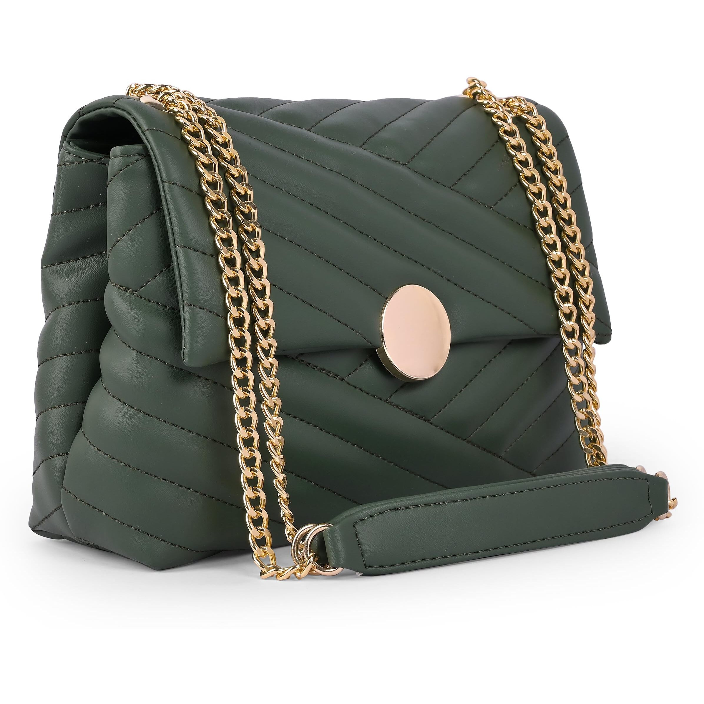 ADISA Women's Girls Quilted Cross Body Sling Bag with Gold Chain (SL5136) (D. Green)