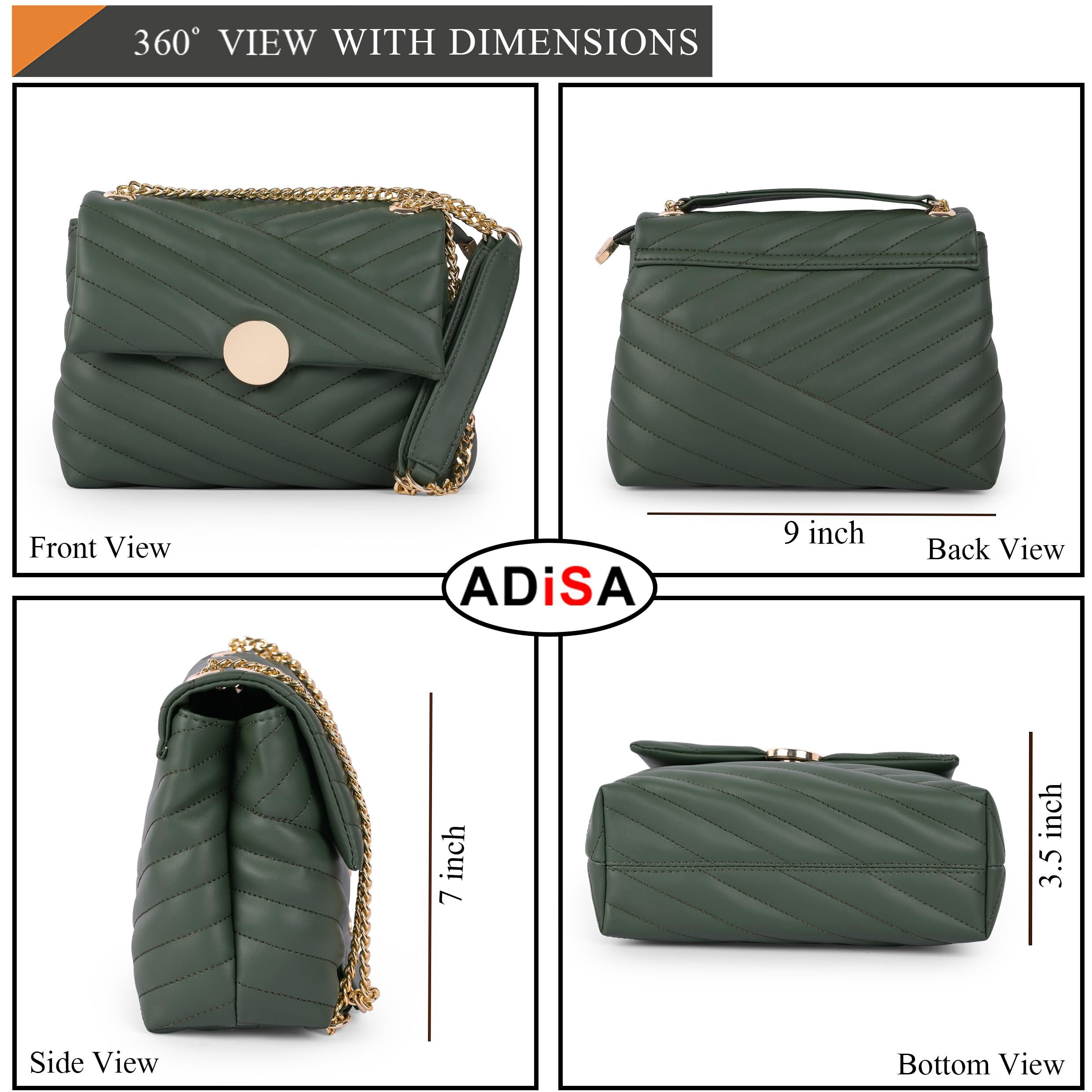 ADISA Women's Girls Quilted Cross Body Sling Bag with Gold Chain (SL5136) (D. Green)