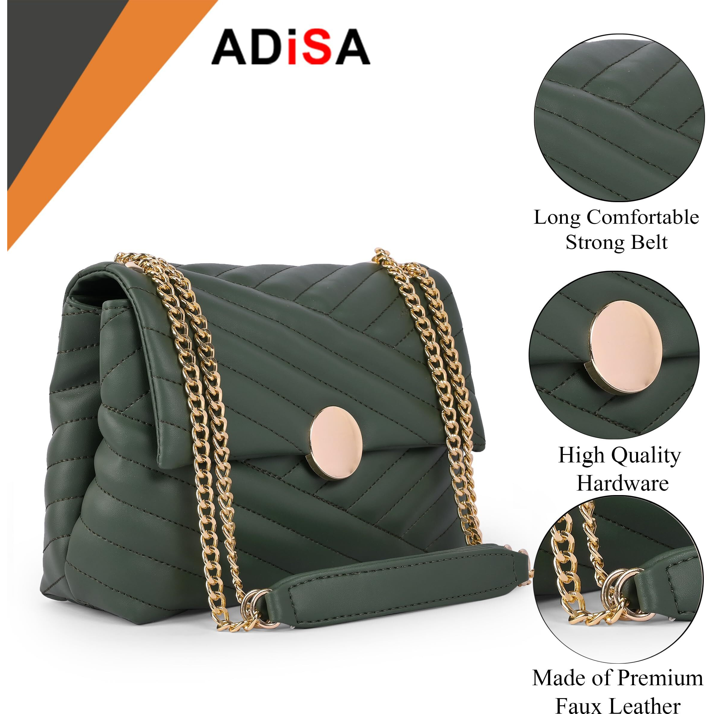 ADISA Women's Girls Quilted Cross Body Sling Bag with Gold Chain (SL5136) (D. Green)