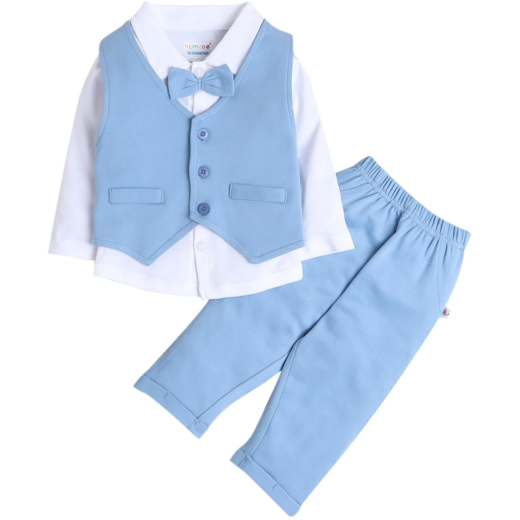 BUMZEE Powder Blue & White Boys Full Sleeves Shirt Waistcoat & Pant Set With Applique Bow Age - 6-12 Months (Peb9069C-pbl.wht)