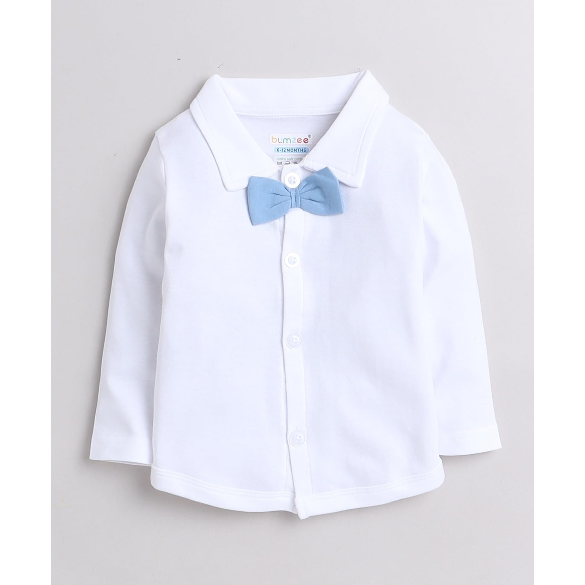 BUMZEE Powder Blue & White Boys Full Sleeves Shirt Waistcoat & Pant Set With Applique Bow Age - 6-12 Months (Peb9069C-pbl.wht)