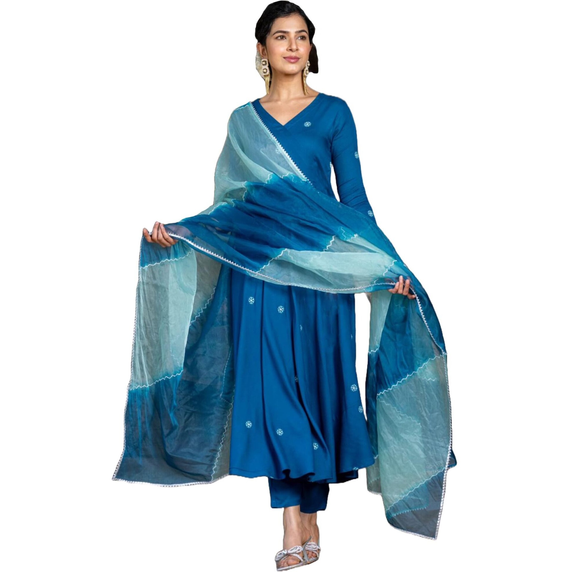 GoSriKi Women's Cotton Blend Anarkali Embroidered Kurta with Pant & Dupatta (GSK-Cerosin-GS_M_Blue_Medium)