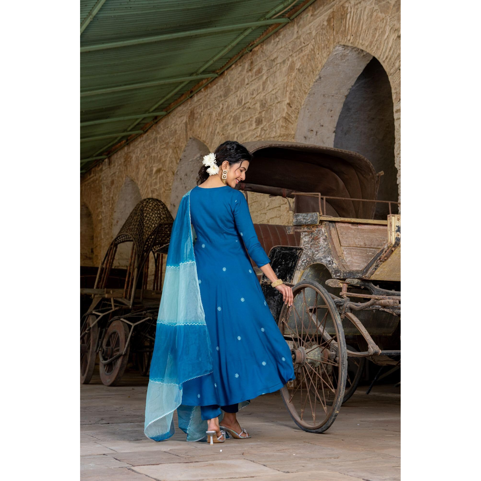 GoSriKi Women's Cotton Blend Anarkali Embroidered Kurta with Pant & Dupatta (GSK-Cerosin-GS_M_Blue_Medium)