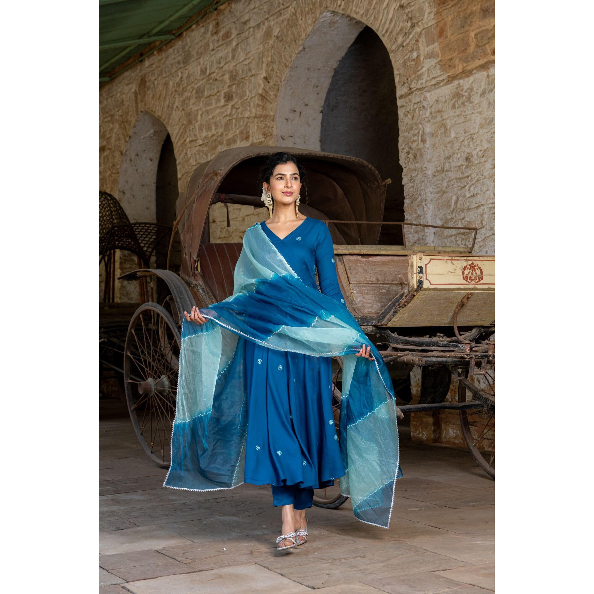GoSriKi Women's Cotton Blend Anarkali Embroidered Kurta with Pant & Dupatta (GSK-Cerosin-GS_M_Blue_Medium)
