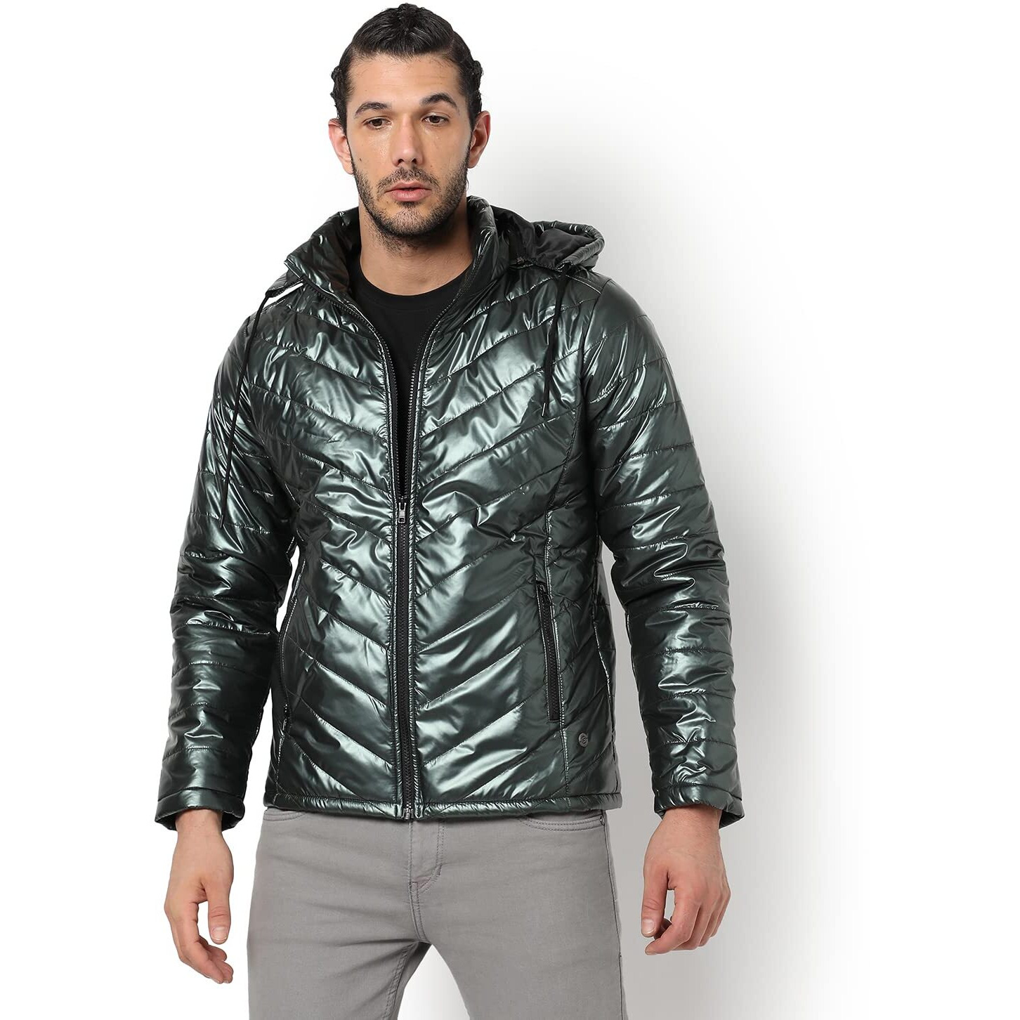 Campus Sutra Men's Metallic Green Quilted Puffer Regular Fit Bomber Jacket For Winter Wear | Hooded Collar | Full Sleeve | Zipper | Casual Jacket For Man | Western Stylish Jacket For Men