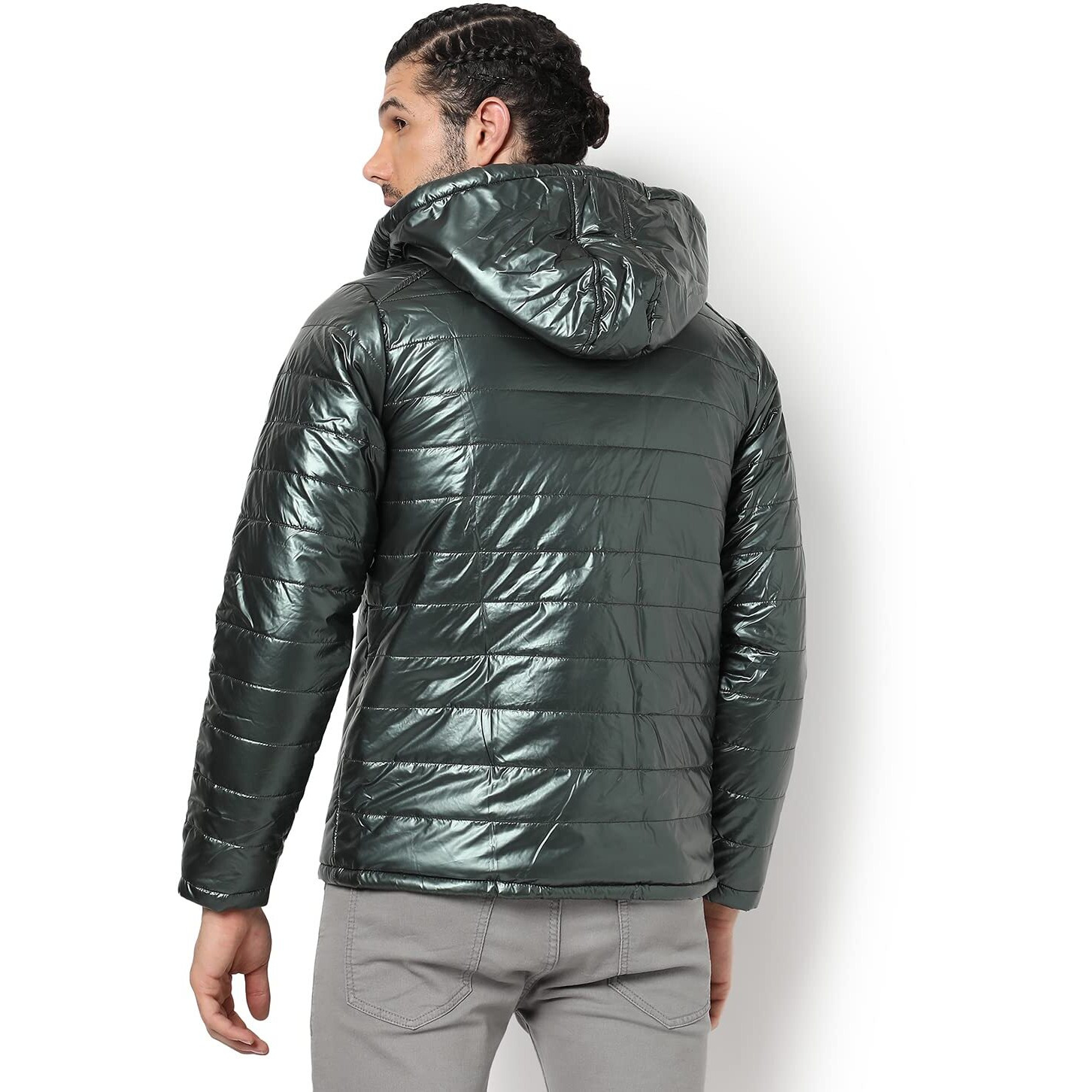 Campus Sutra Men's Metallic Green Quilted Puffer Regular Fit Bomber Jacket For Winter Wear | Hooded Collar | Full Sleeve | Zipper | Casual Jacket For Man | Western Stylish Jacket For Men