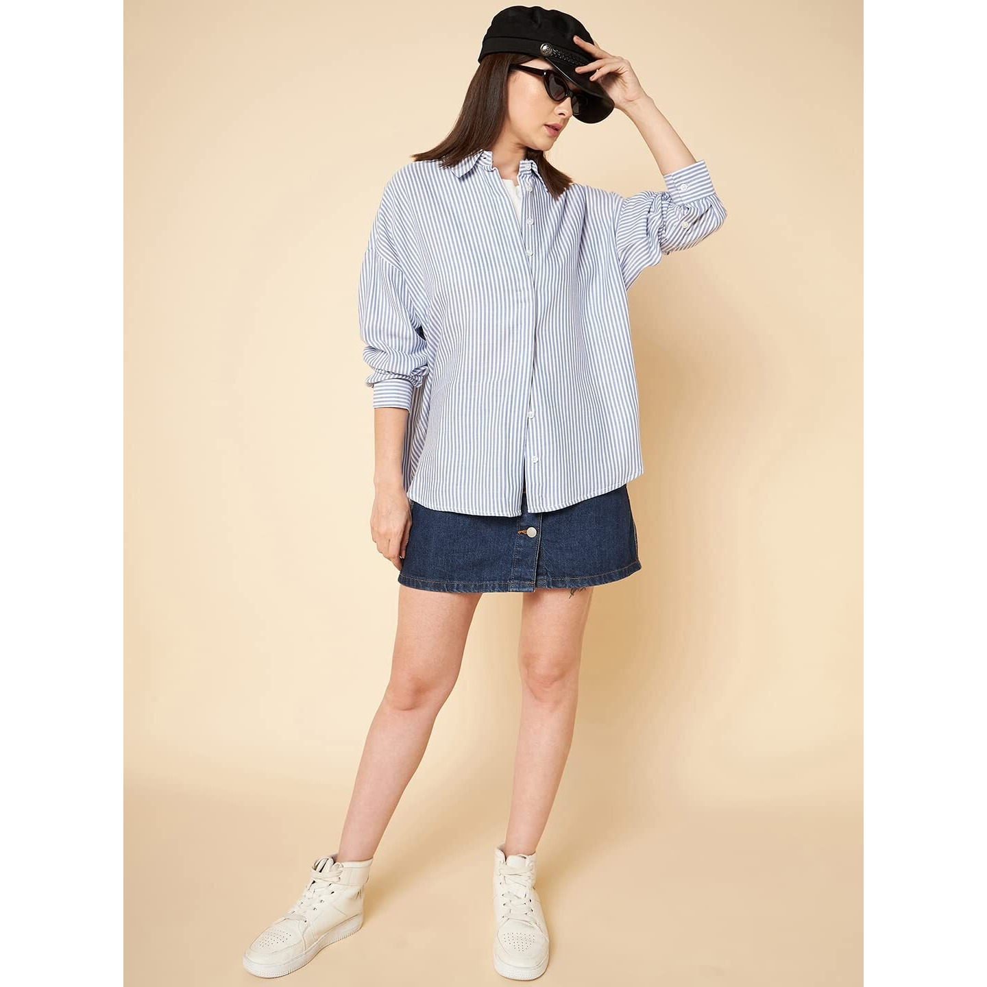 HIGH STAR Women's Oversized Shirts (HSWSHS23010_GR_S_Blue S)