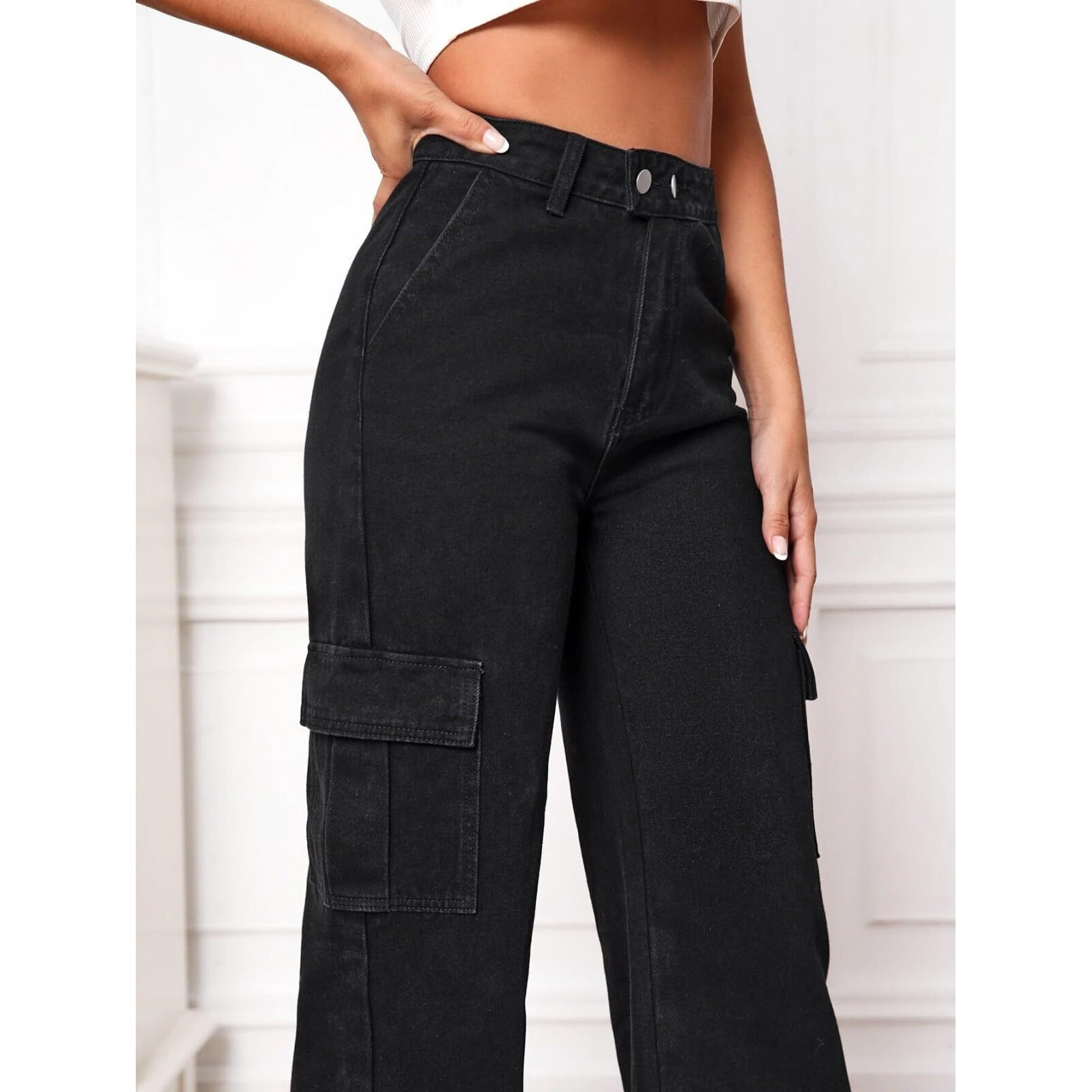 GRECIILOOKS Women Denim Cargo Regular Fit Jeans (Black, 32)