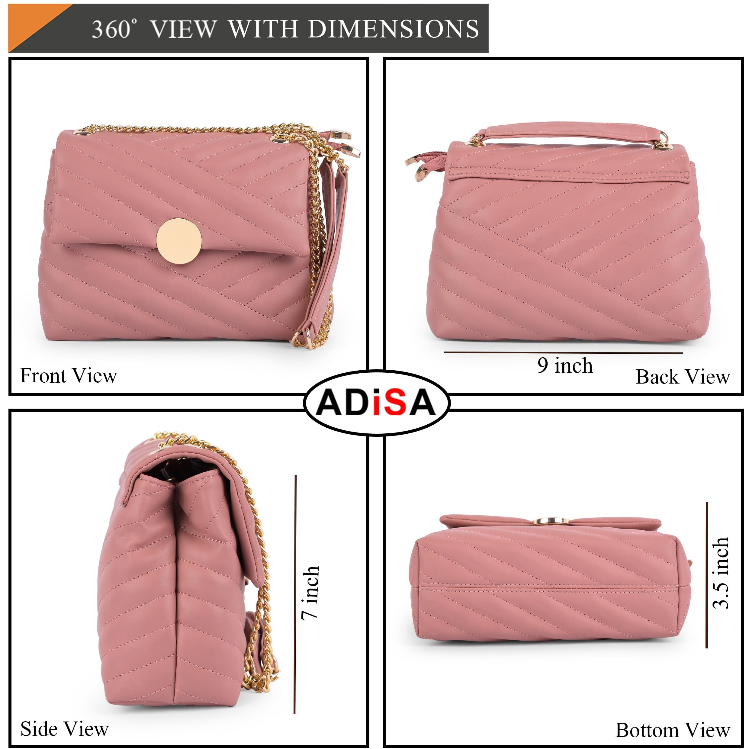 ADISA Women's Girls Quilted Cross Body Sling Bag with Gold Chain (SL5136) (Pink)