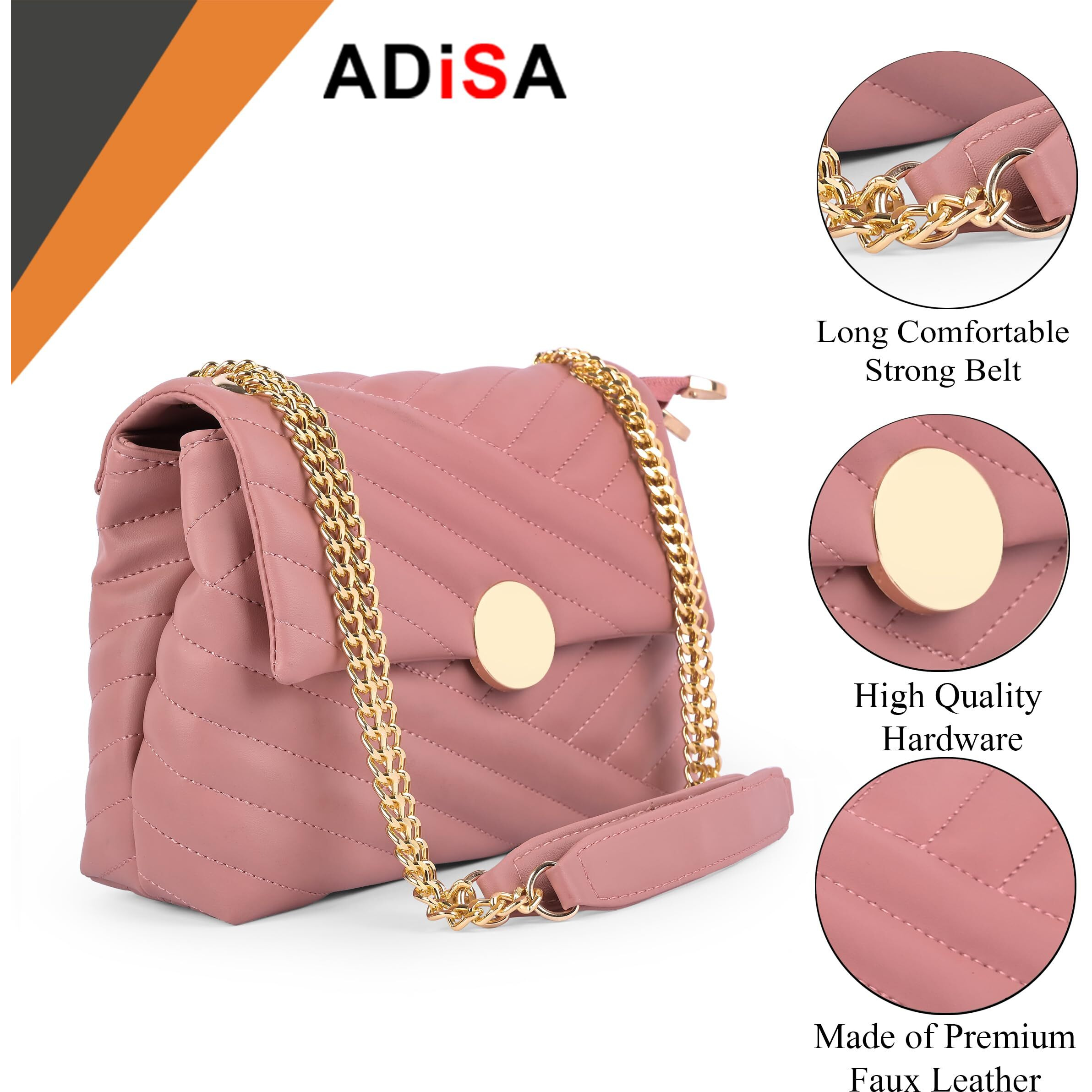 ADISA Women's Girls Quilted Cross Body Sling Bag with Gold Chain (SL5136) (Pink)