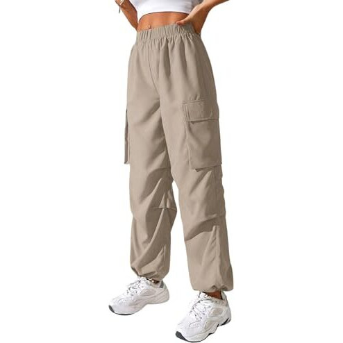 GRECIILOOKS Cotton Solid Side Pockets Parachute Cargo Baggy Pant for Women (in, Alpha, 2XL, Regular, Cream)