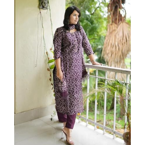 Alvami Women A-Line Kurta and Pant Set with Dupatta (M) Wine