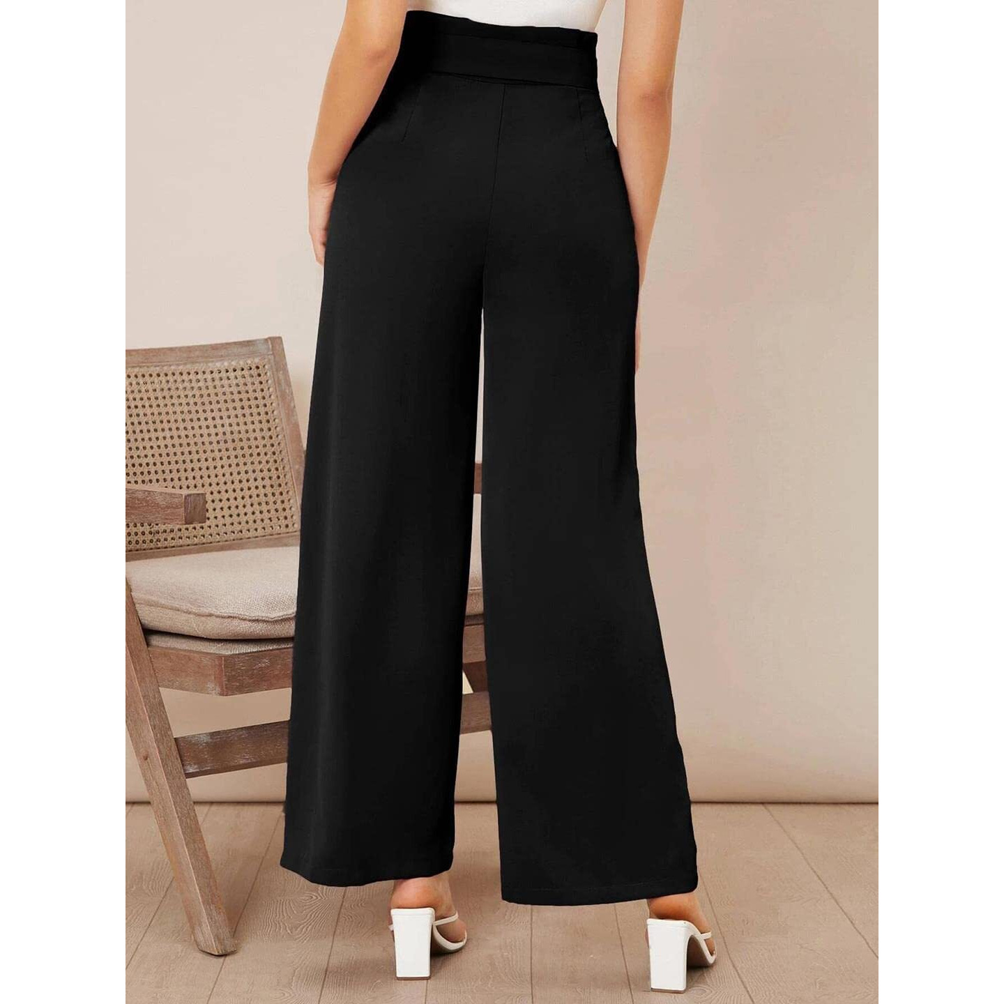 KOTTY Womens High Rise Viscose Rayon Flared Fit Solid Trousers Jet Black