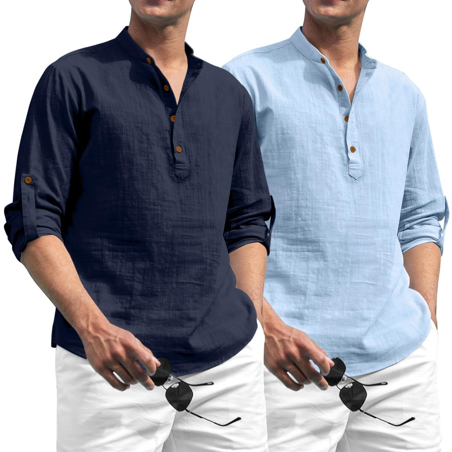 Zombom Combo of Men's Solid Cotton Blend Full Sleeve Straight Kurta Shirt (Pack of 2)