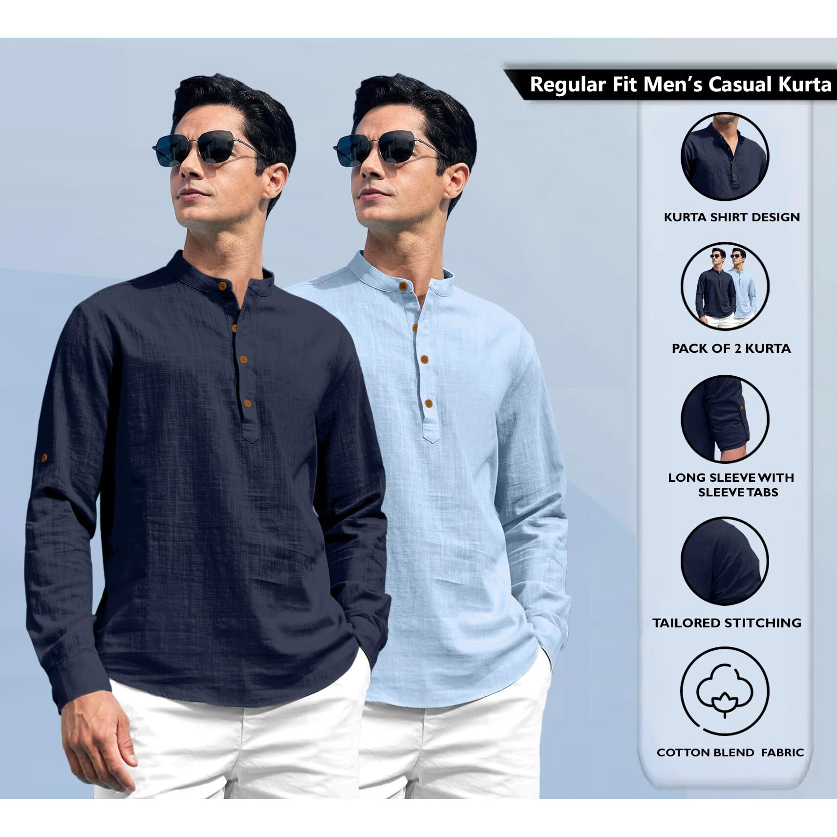 Zombom Combo of Men's Solid Cotton Blend Full Sleeve Straight Kurta Shirt (Pack of 2)