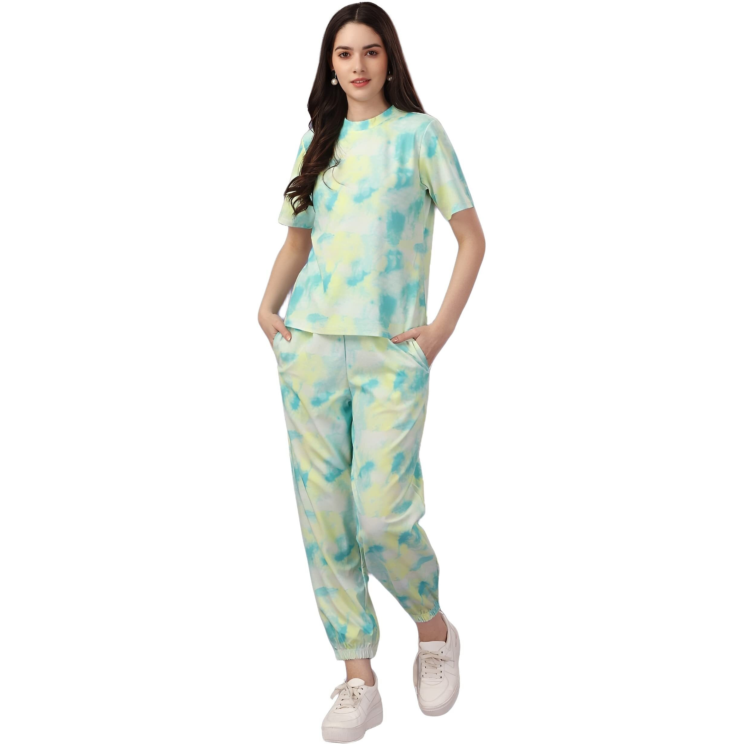 ELLITI Women's Soft Poly Cotton Tie-Dye Printed Crop Length T-Shirt and Pyjama Night Suits Set | Co-ord | Nightwear | Loungewear | Night Dress | Set Of Top And Bottom