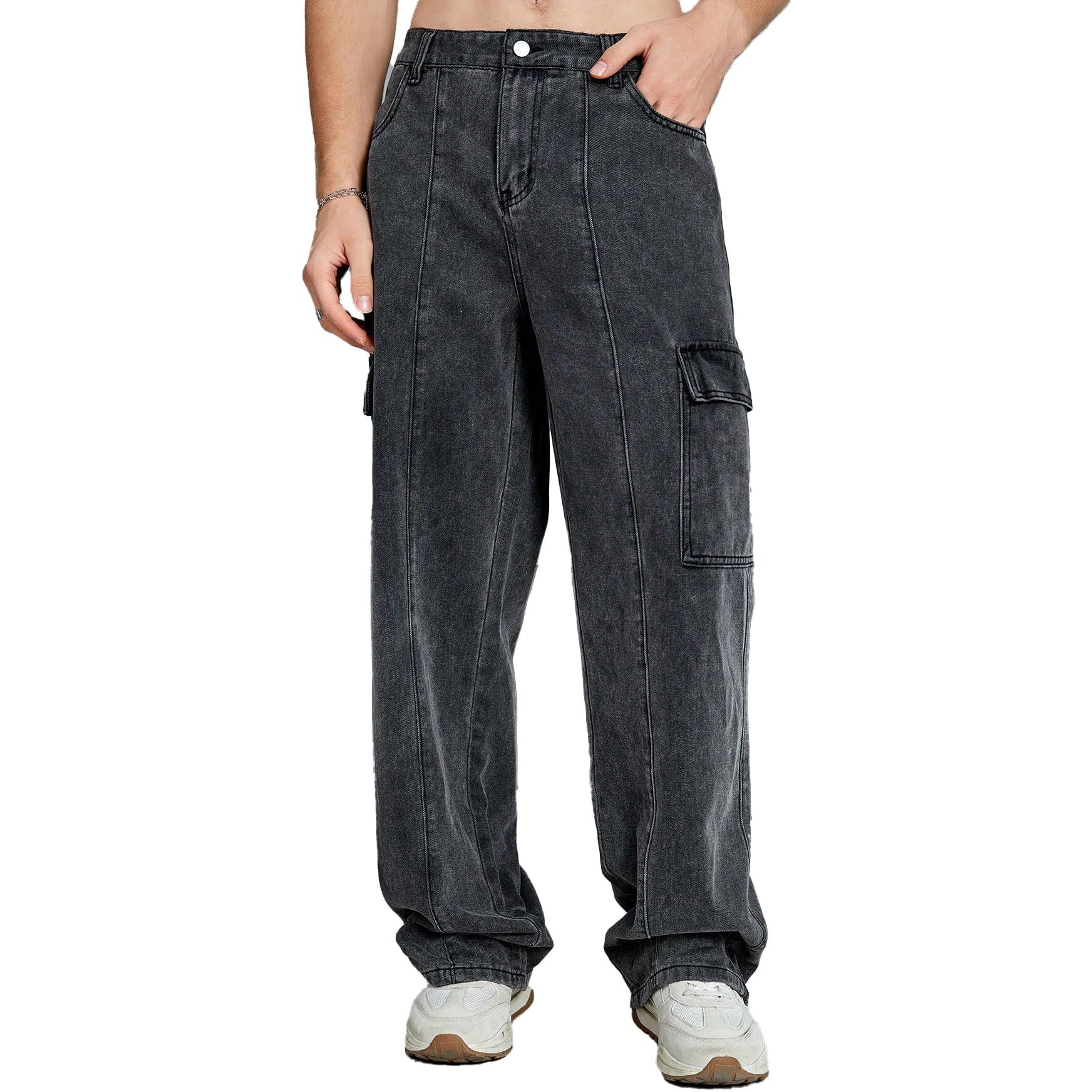 KOTTY Men's Mid Rise Solid Cargo Jeans Rich Black
