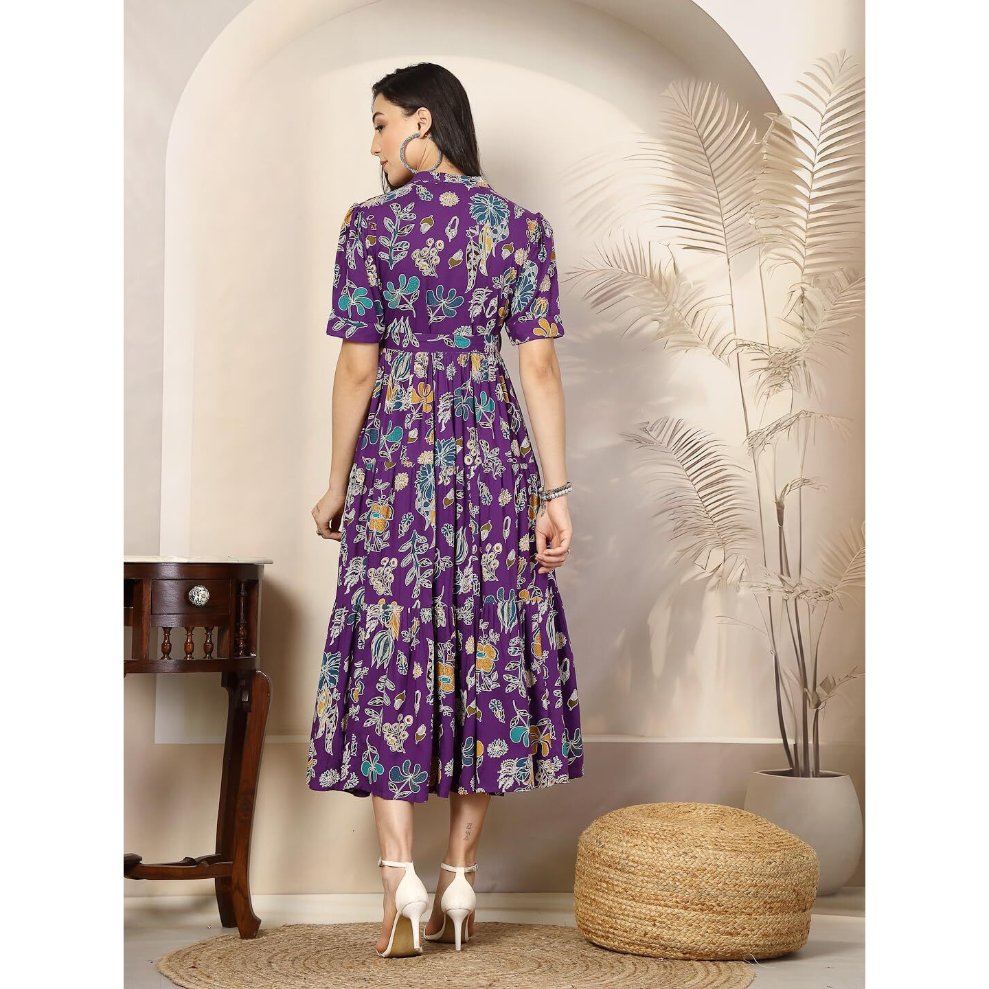 Stylum Women's Tropical Printed Rayon Tiered Dress (DRSVOILSOMIL40_Violet, L)