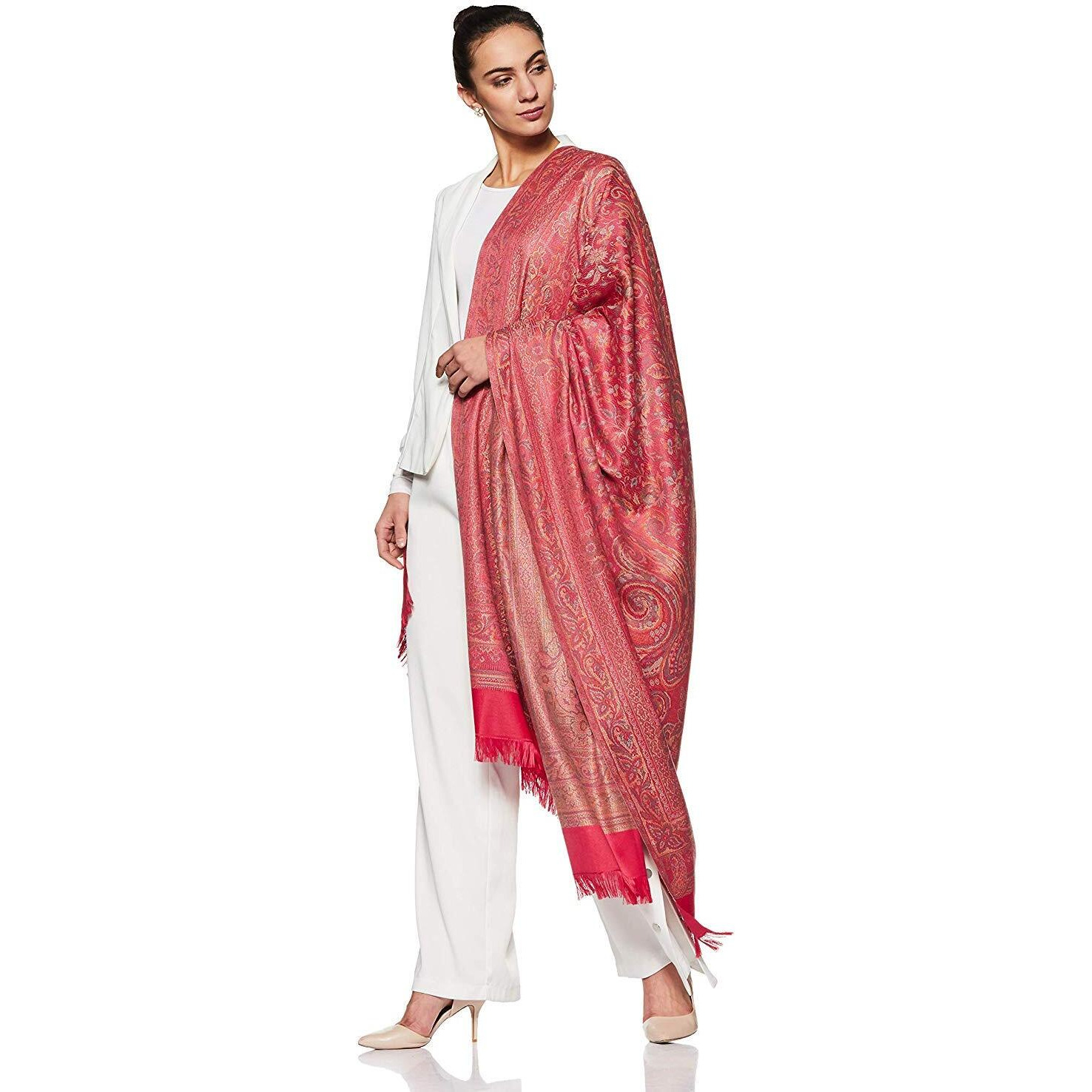 Weavers Villa - Women's Faux Pashmina Silk Paisley Design Pink Shawls, Stoles (Pink Paisley), 100cm X 200cm