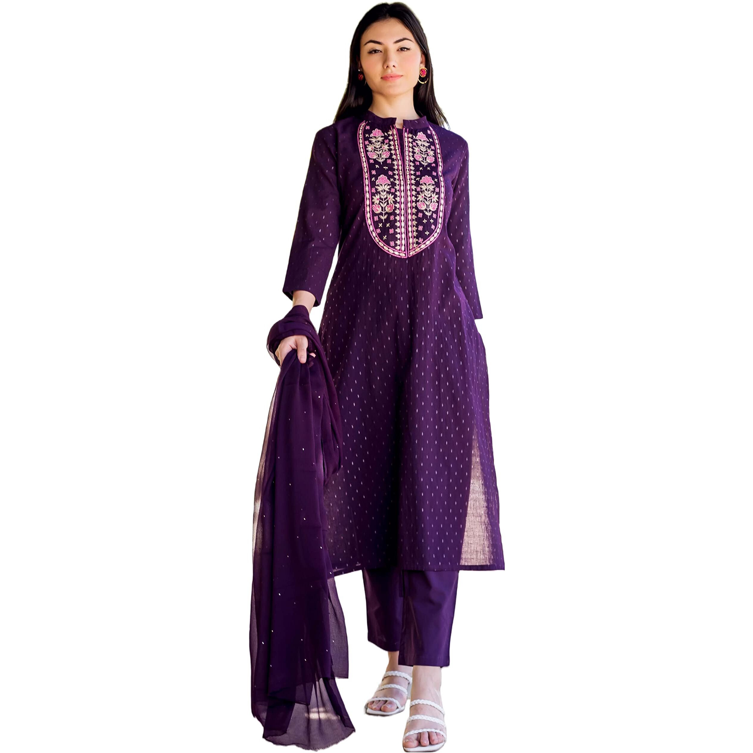 GoSriKi Women's Cotton Blend Straight Printed Kurta with Pant & Dupatta (RAJI-BEGANI-GS_L_Purple_Large)