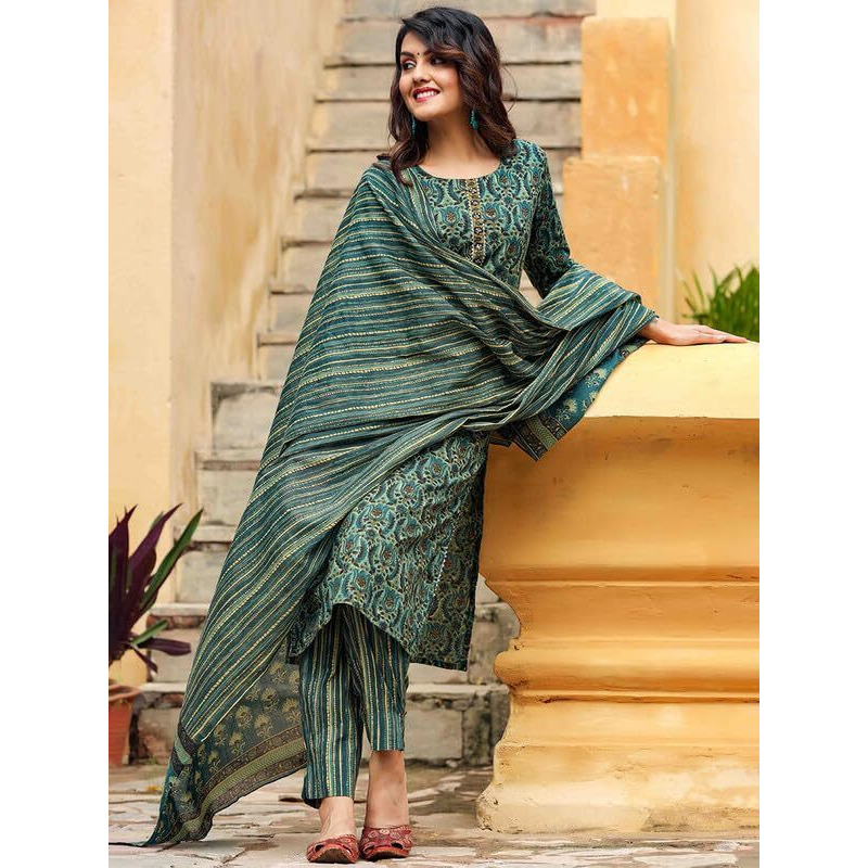 Vaamsi Women's Printed Kurta Pant Dupatta Set (VKSKD1171_3XL_Green)