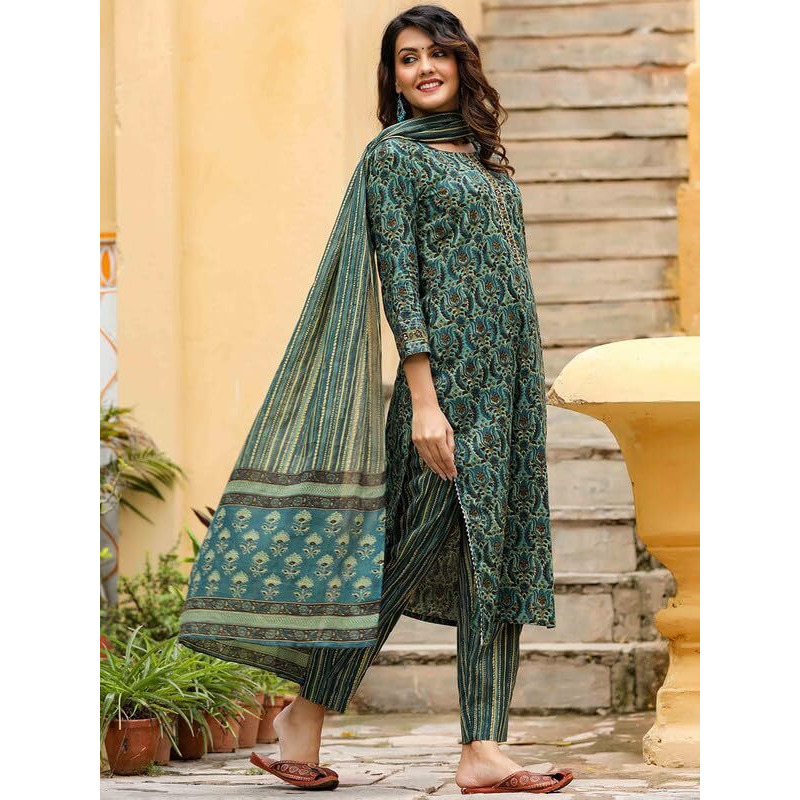 Vaamsi Women's Printed Kurta Pant Dupatta Set (VKSKD1171_3XL_Green)