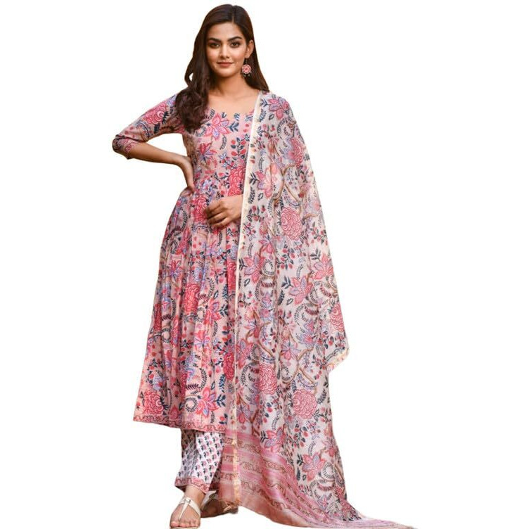 Pinkmint Abstract Printed Anarkali Kurta & Stright Kurta with Fancy Dupatta Set for Women Pink