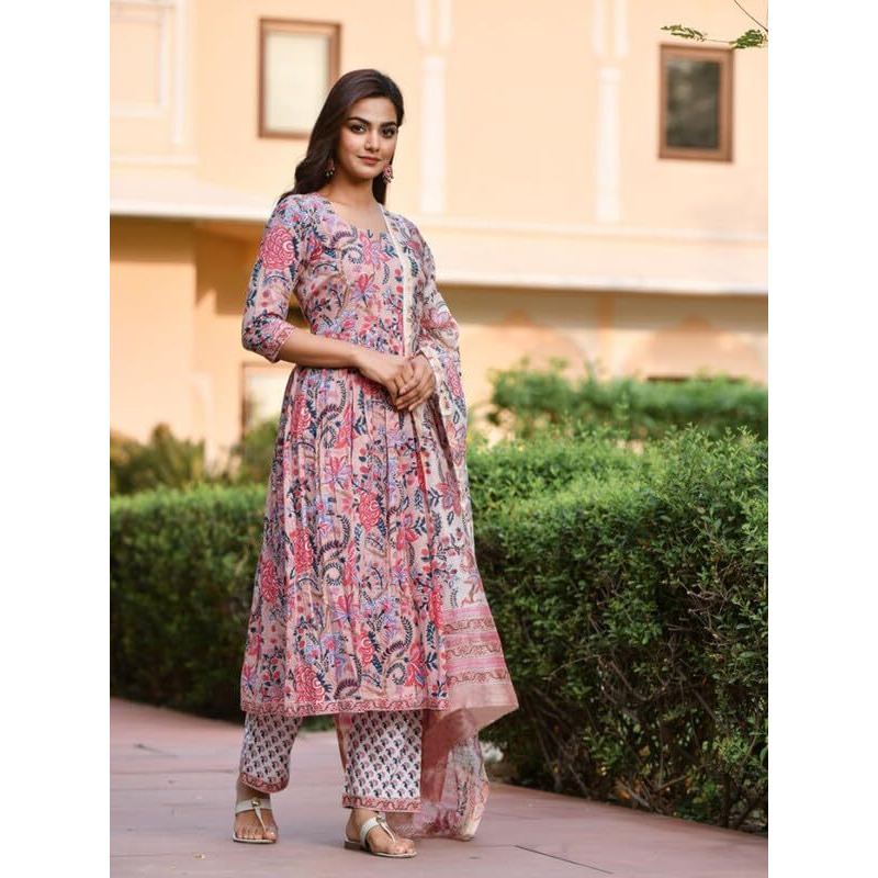 Pinkmint Abstract Printed Anarkali Kurta & Stright Kurta with Fancy Dupatta Set for Women Pink