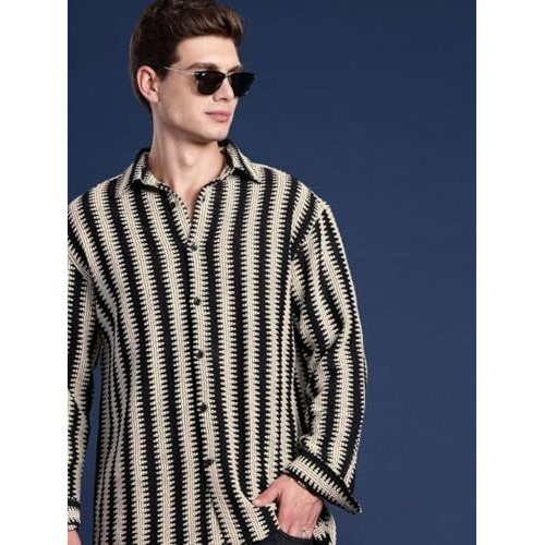 GRECIILOOKS Crochet Shirt for Men (GL-MS-6162-XL-BLACK)