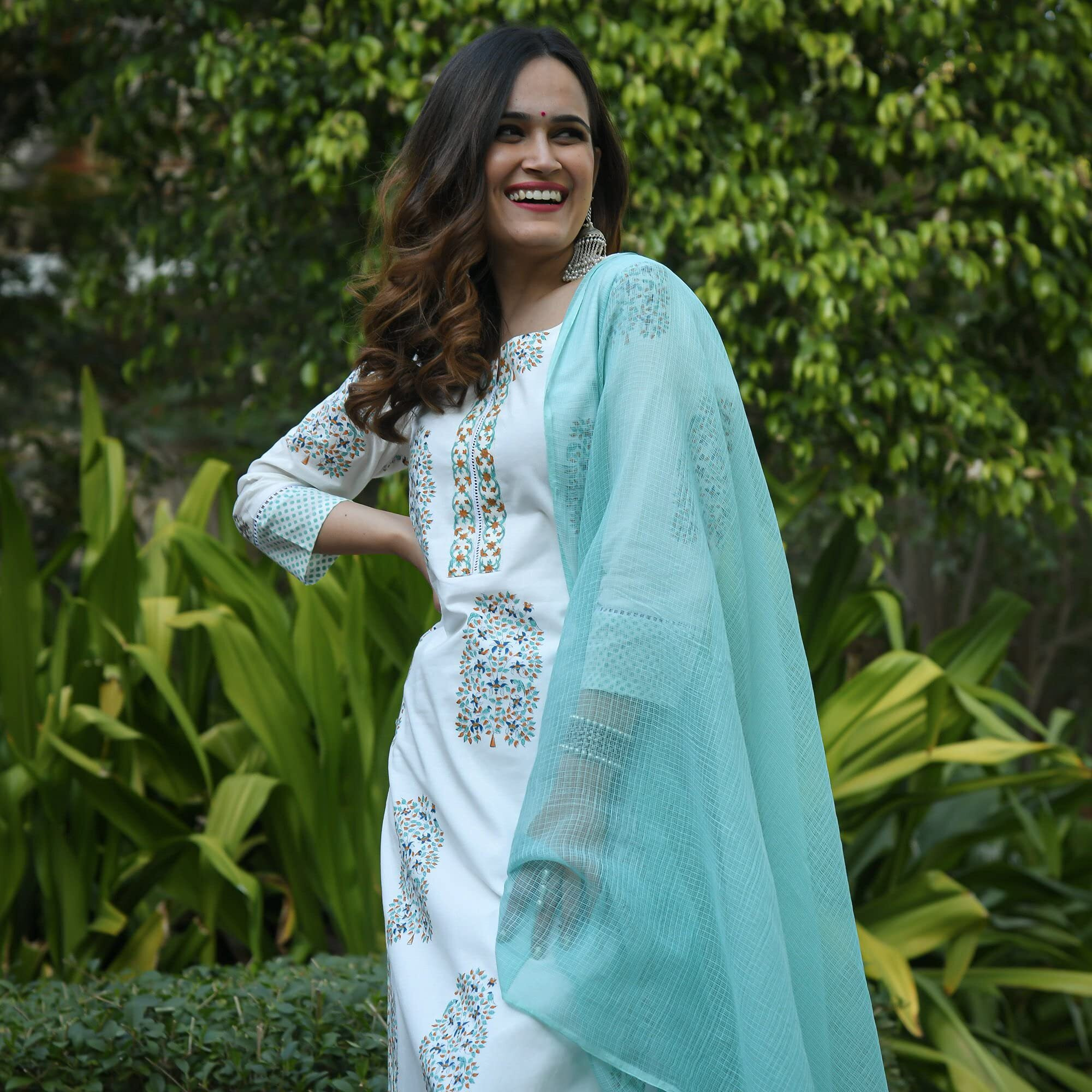 KLOSIA Women Pure Cotton Printed Straight Kurta with Pant & Dupatta Suit (XX-Large) White