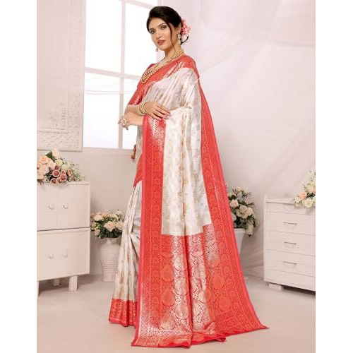 Yashika Women's Plain Floral Print Banarasi Kanjivaram Art Silk Saree Specially for Durga Puja with Unstitched Blouse Material (AZ-YS-P1-FLOWER New_White)