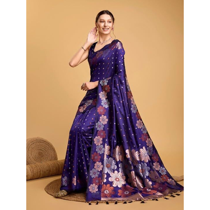 C J Enterprise Women's Banarasi Saree Pure Kanjivaram Silk Saree Soft Design Wear Pattu Sarees Latest Cotton With Blouse Piece Kanchipuram for Wedding sadi new ladies 2025 (Champa-51) (Navy Blue)