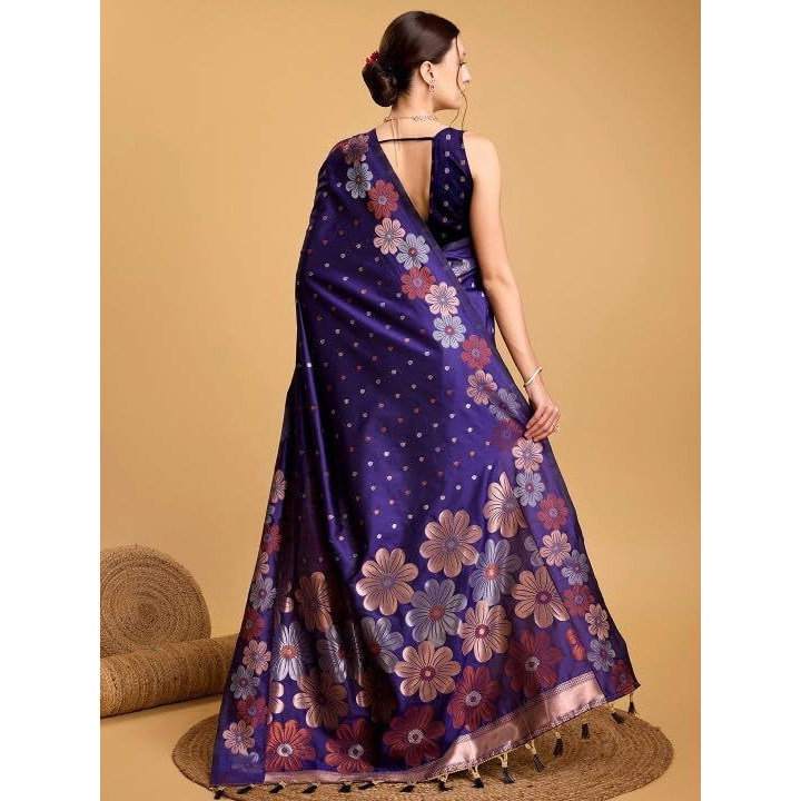 C J Enterprise Women's Banarasi Saree Pure Kanjivaram Silk Saree Soft Design Wear Pattu Sarees Latest Cotton With Blouse Piece Kanchipuram for Wedding sadi new ladies 2025 (Champa-51) (Navy Blue)