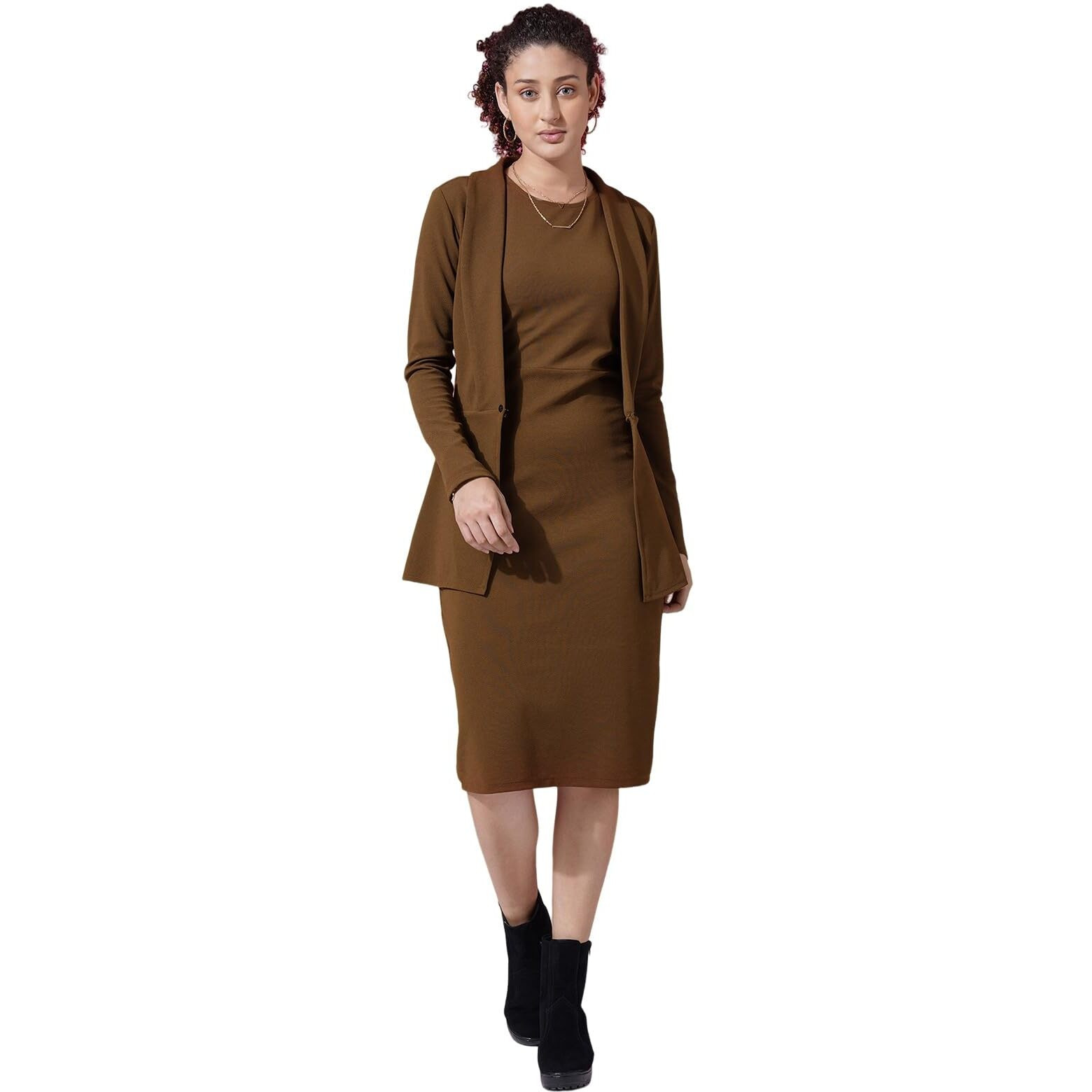 Selvia Western Dress for Women|Solid Lycra Western Dress for Women|Round Neck Shrug with Bodycon Dress for Women|Two Piece Dress for Women (713DTK11713N-M_Brown)