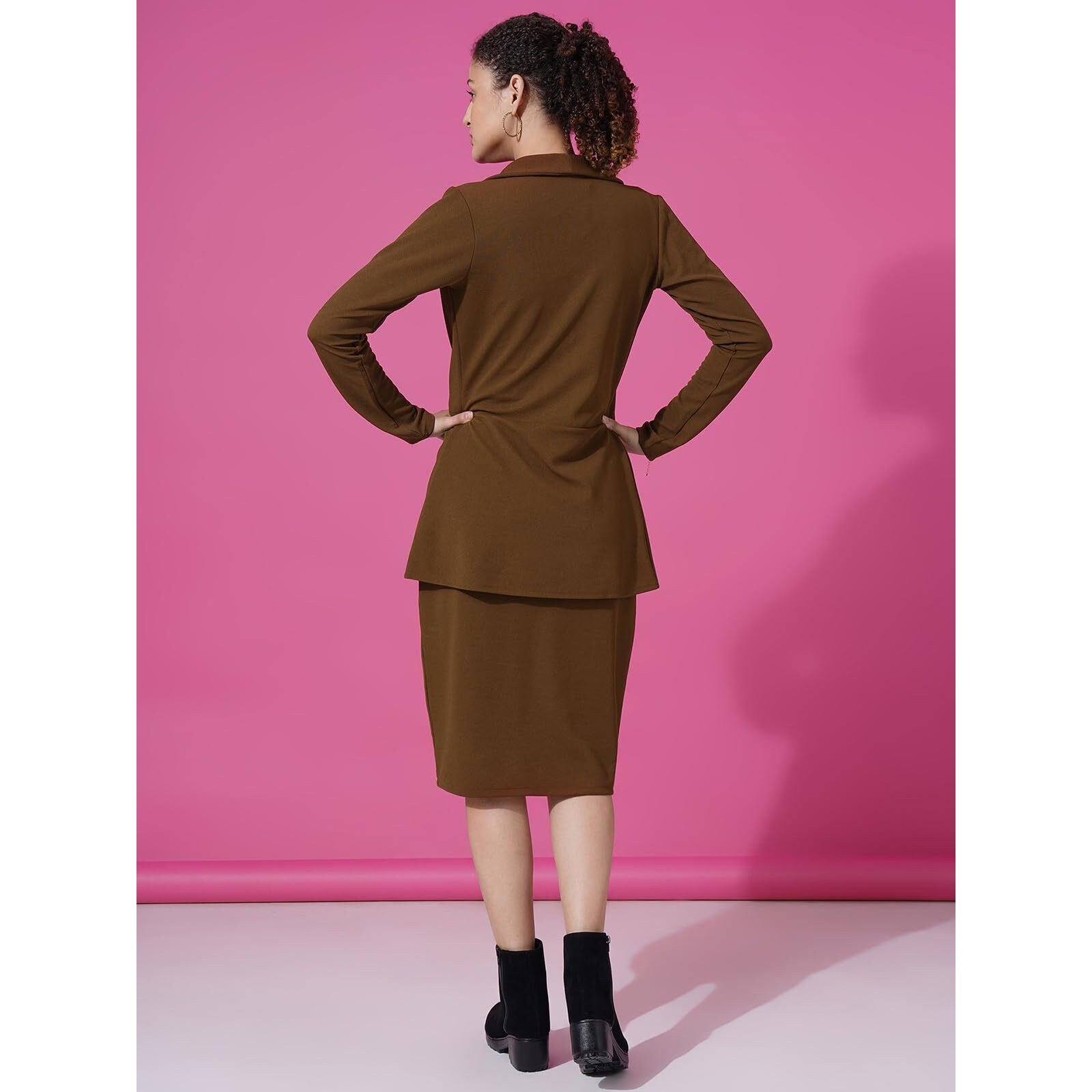 Selvia Western Dress for Women|Solid Lycra Western Dress for Women|Round Neck Shrug with Bodycon Dress for Women|Two Piece Dress for Women (713DTK11713N-M_Brown)