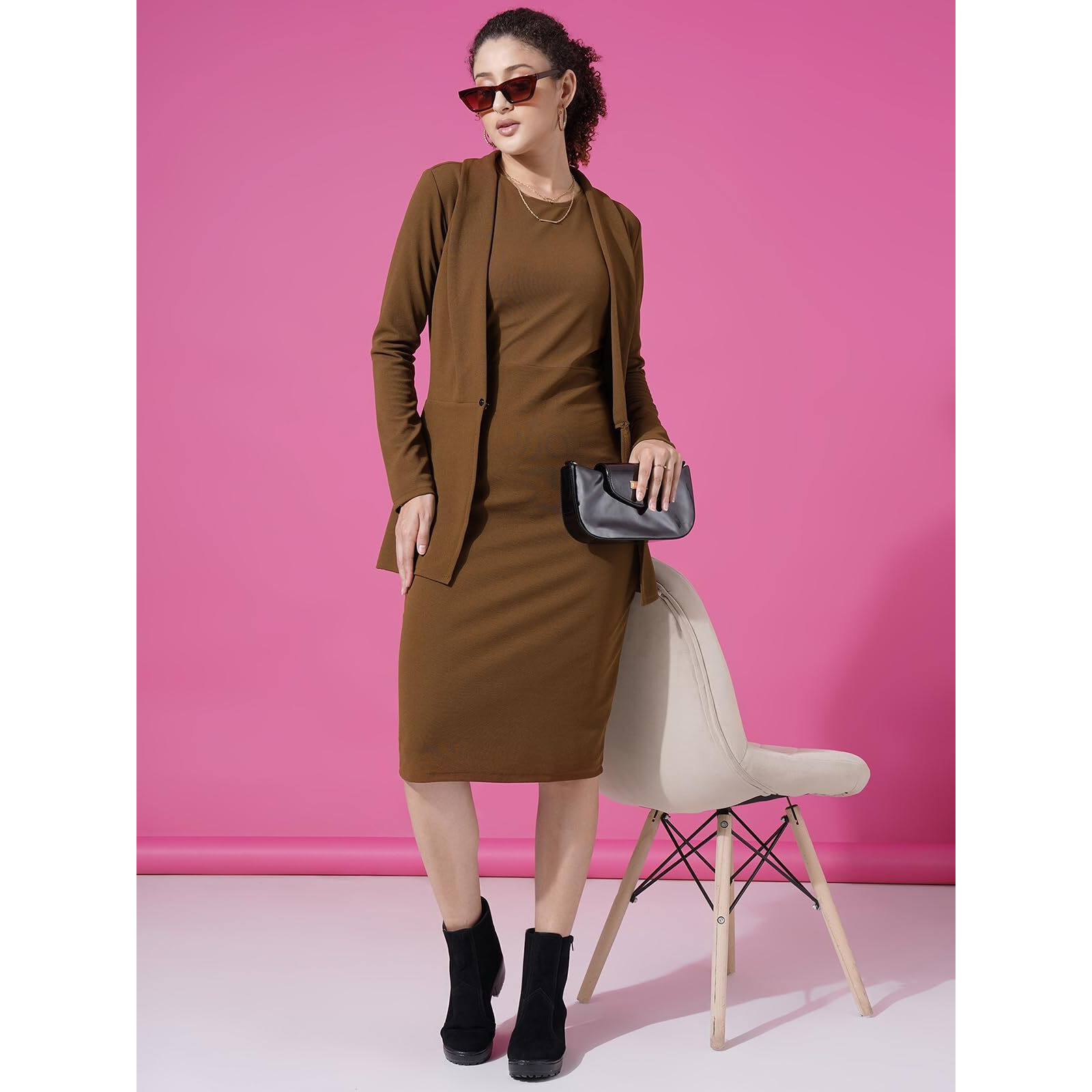 Selvia Western Dress for Women|Solid Lycra Western Dress for Women|Round Neck Shrug with Bodycon Dress for Women|Two Piece Dress for Women (713DTK11713N-M_Brown)