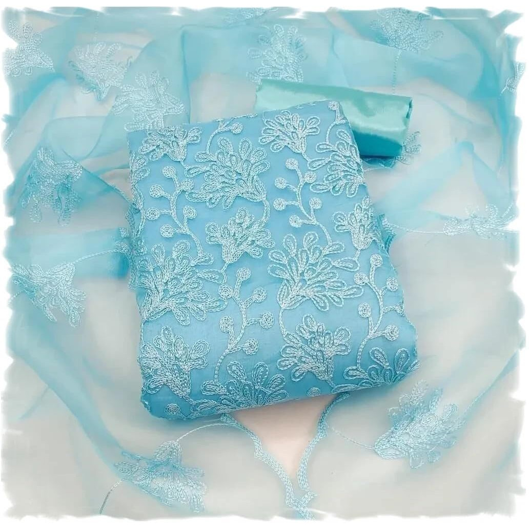 StyleScope Women's Organza Embroidered Unstitched Salwar Suit Dress Material With Embroidery Work Dupatta (DM Plant Sky Blue_Sky Blue_Free Size)