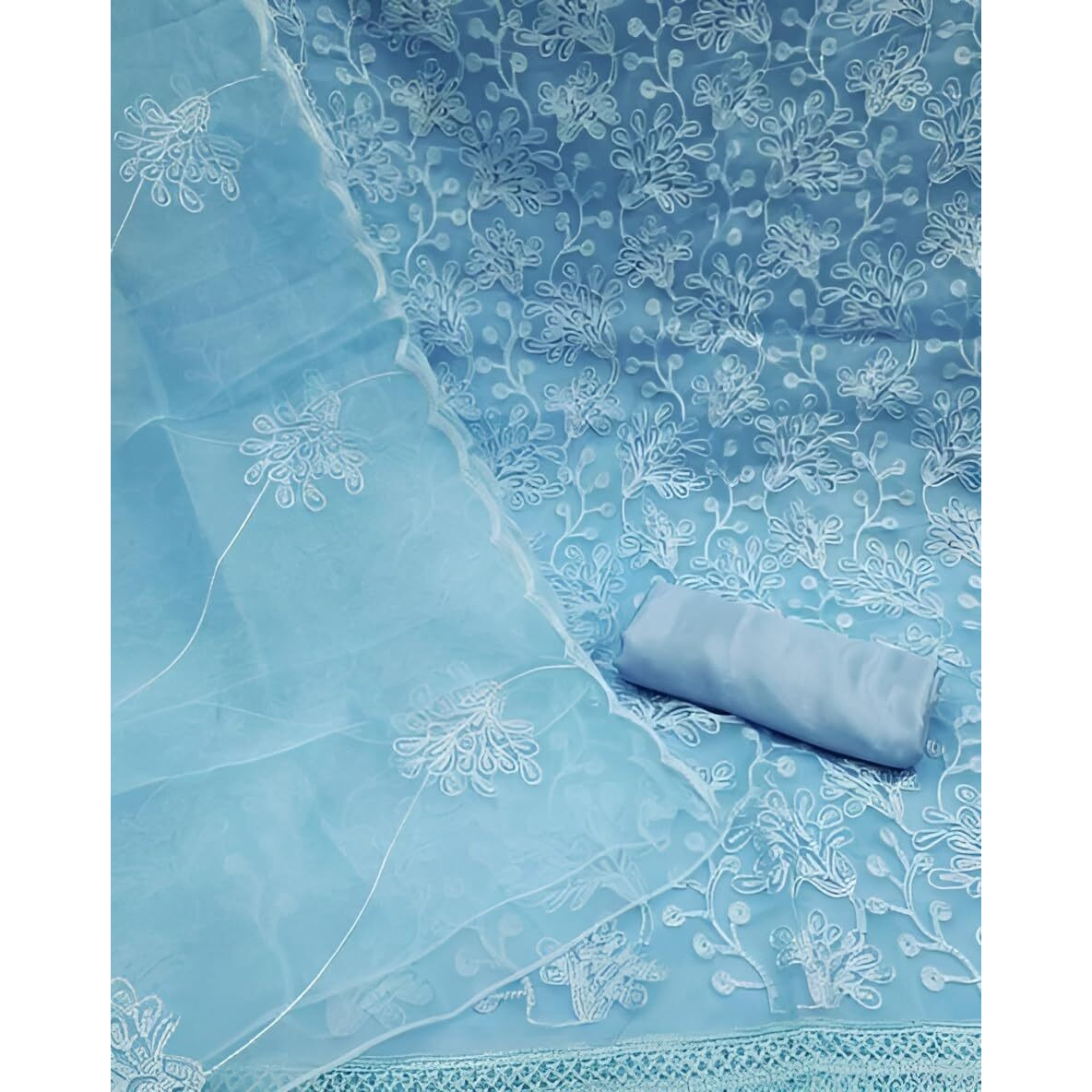 StyleScope Women's Organza Embroidered Unstitched Salwar Suit Dress Material With Embroidery Work Dupatta (DM Plant Sky Blue_Sky Blue_Free Size)