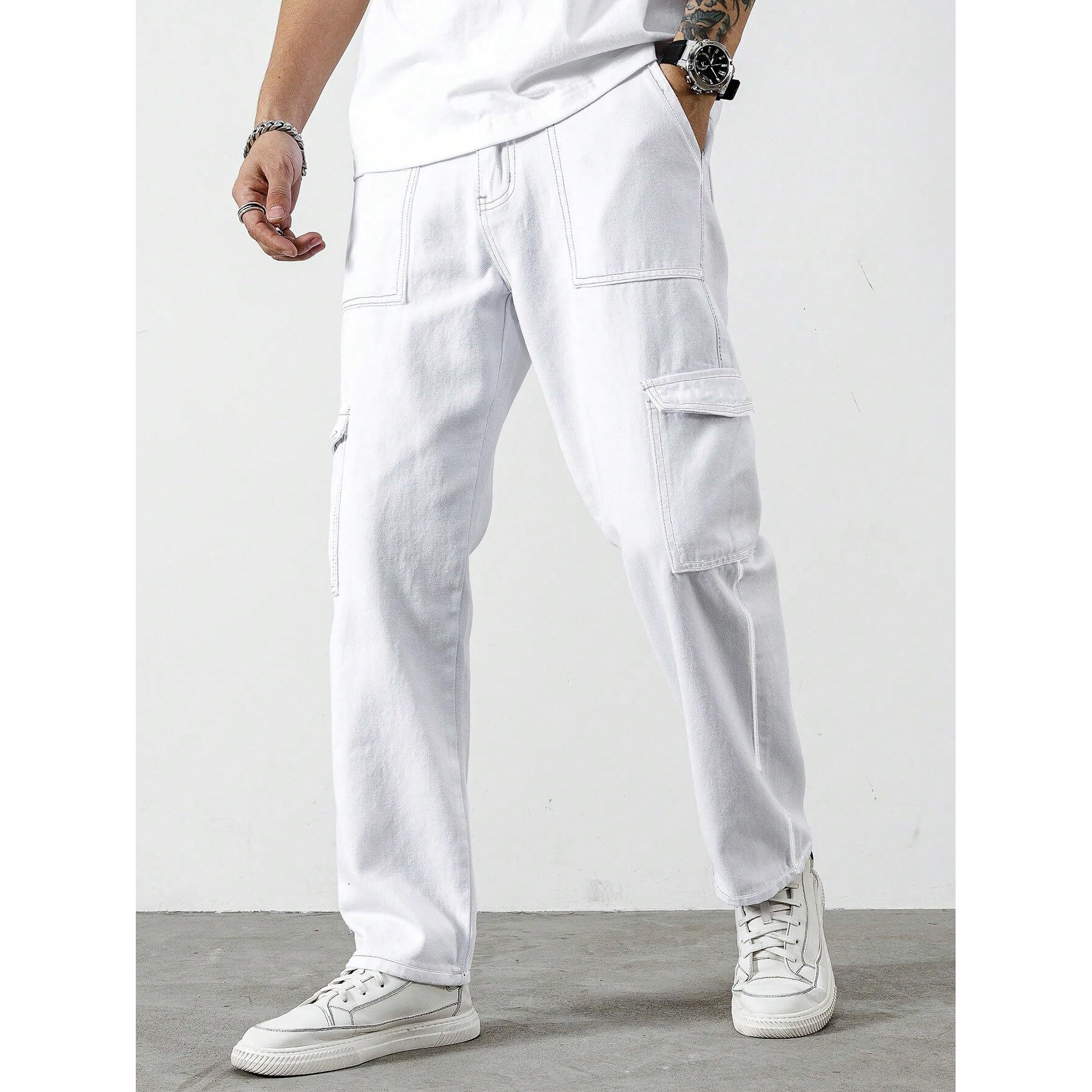 AVANOVA White Bell-Bottom Men Cargo Jeans II Men Cargo Pants II Denim Cargo for Men II Cotton Pant II Wide Legs II Flap Pockets II Cargo for Men (Jeans-119-White-2-38)