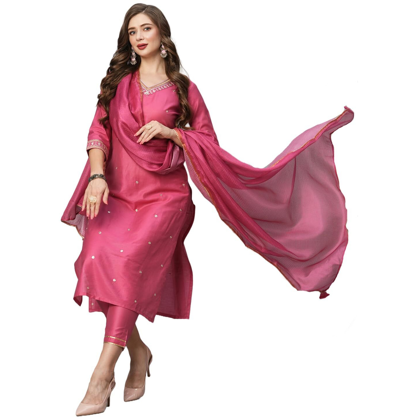 GoSriKi Women's Cotton Blend Floral Straight Kurta with Pant & Dupatta (BAGICHA-Rani-FNW-GS_Pink_XXX-Large)