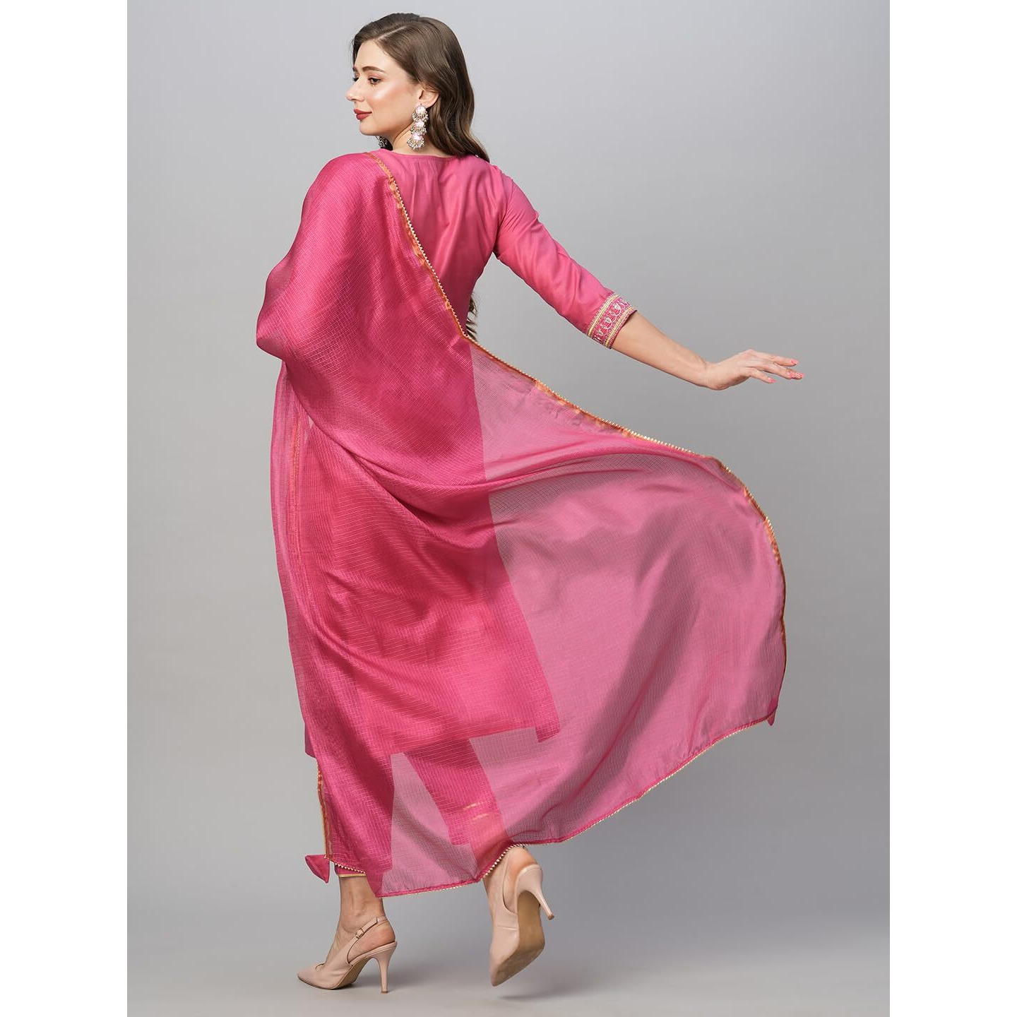GoSriKi Women's Cotton Blend Floral Straight Kurta with Pant & Dupatta (BAGICHA-Rani-FNW-GS_Pink_XXX-Large)