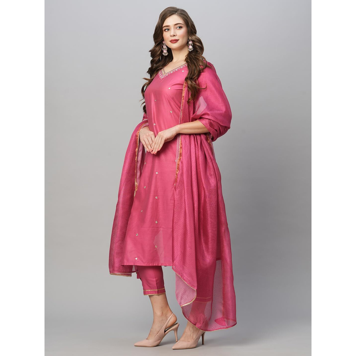 GoSriKi Women's Cotton Blend Floral Straight Kurta with Pant & Dupatta (BAGICHA-Rani-FNW-GS_Pink_XXX-Large)