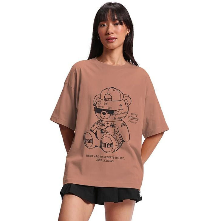 JUNEBERRY Pure Cotton Half Sleeve Printed Oversized Baggy t Shirt for Women | Loose Graphic t Shirts for Women/Girls (GL_OS_BRKRULSTDY_CRK_M)