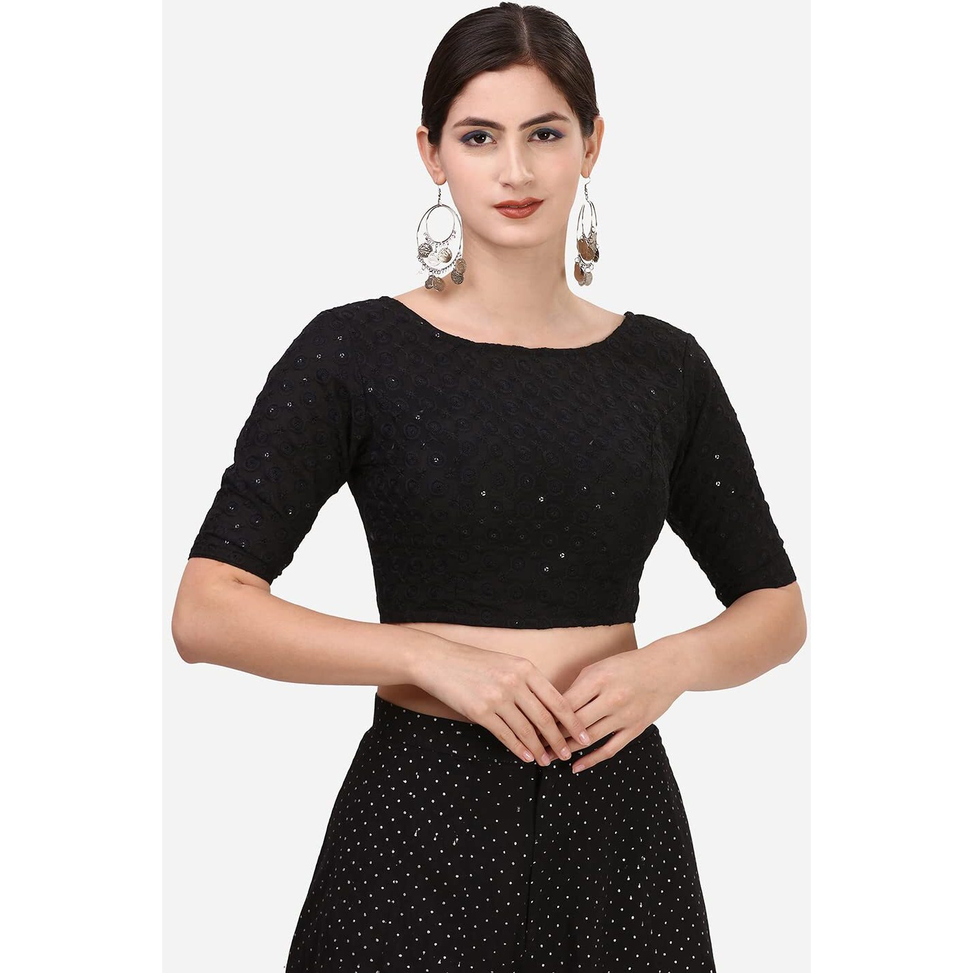 OOMPH Women's Indian Ethnic Wear Designer Floral Print Embroidery Work Boat Neck Half Sleeve Readymade Non - Padded Blouse for Saree and Lehnga and Palazzos or Skirts for a Fusion Twist.