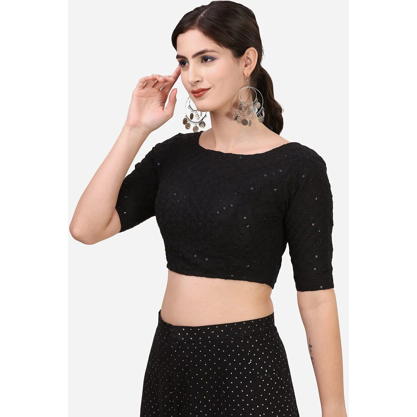 OOMPH Women's Indian Ethnic Wear Designer Floral Print Embroidery Work Boat Neck Half Sleeve Readymade Non - Padded Blouse for Saree and Lehnga and Palazzos or Skirts for a Fusion Twist.