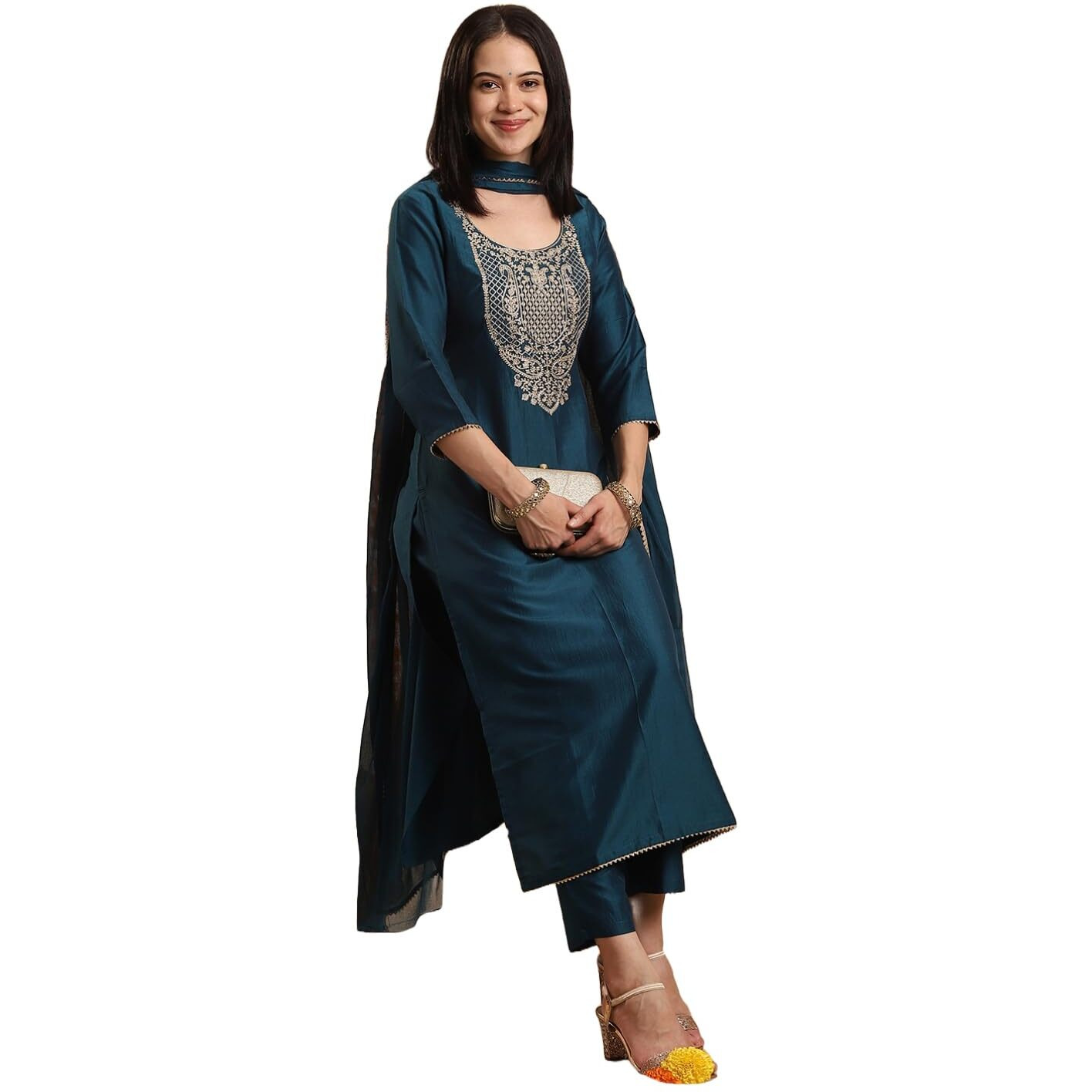 GoSriKi Women's Rayon Blend Straight Embroidered Kurta with Pant & Dupatta (SIKAND Cerosin-GS_L_Dark Blue_Large)