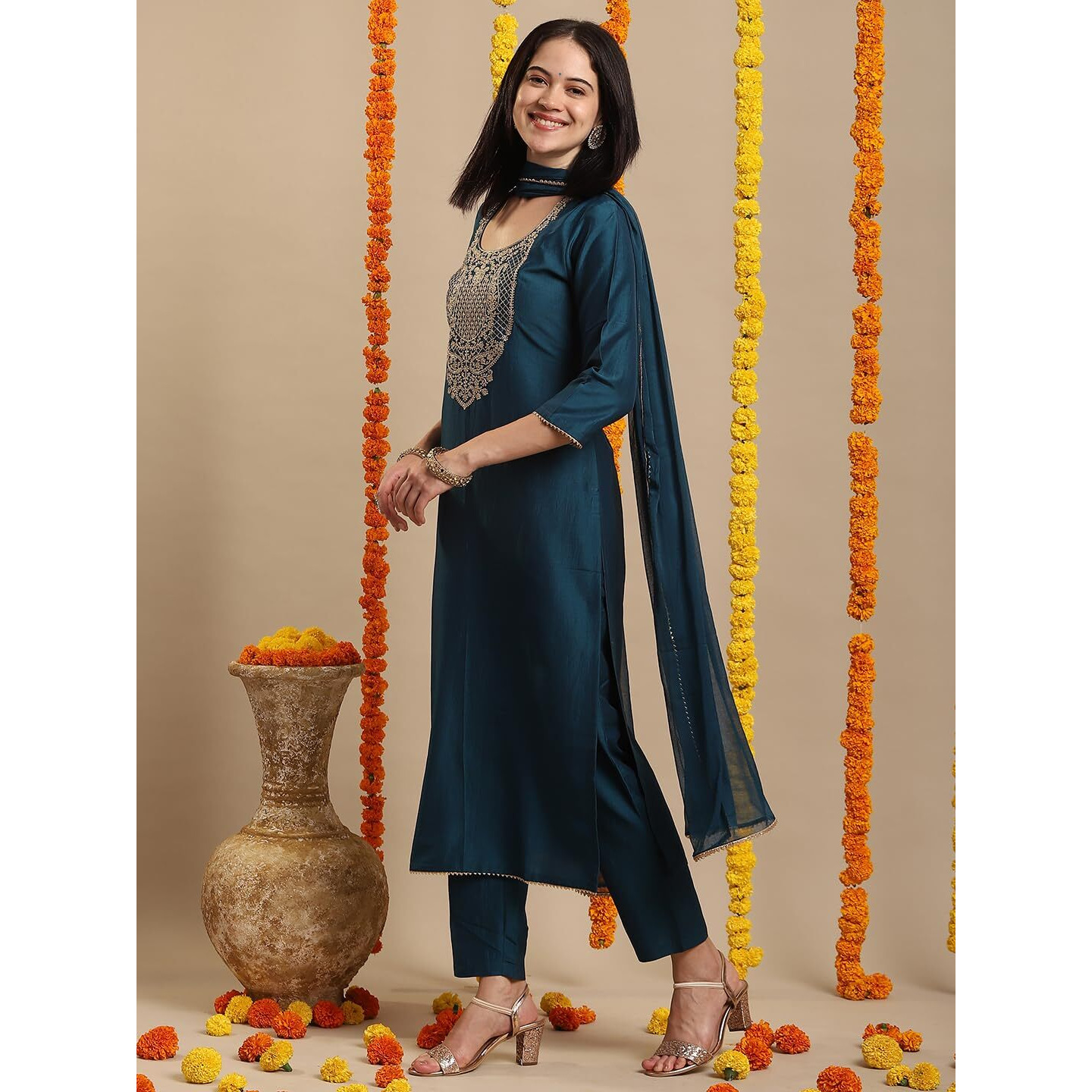 GoSriKi Women's Rayon Blend Straight Embroidered Kurta with Pant & Dupatta (SIKAND Cerosin-GS_L_Dark Blue_Large)