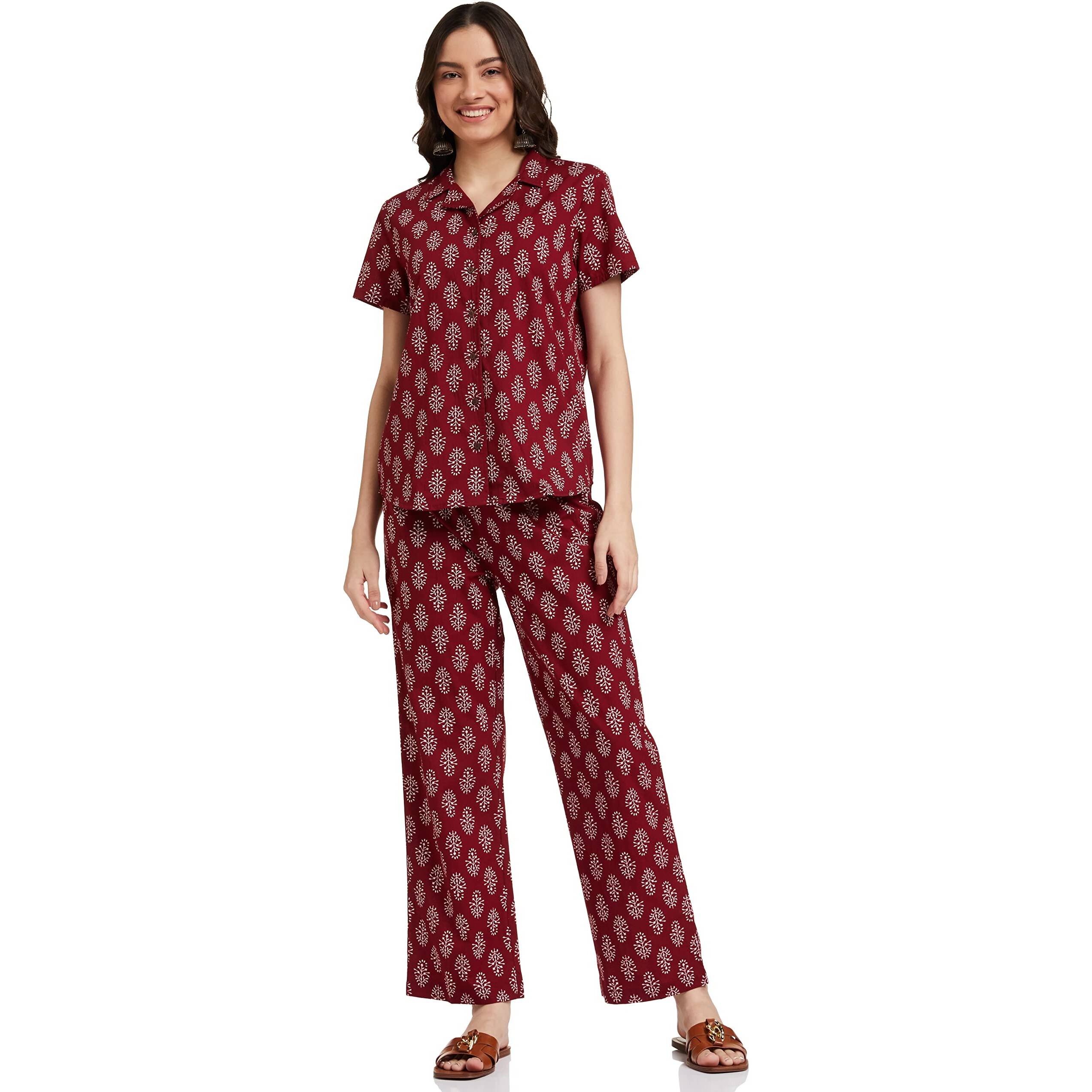Amazon Brand - Myx Women's Cotton All Over Print Pajama Set/Night Suit Set Pack Of 1 (Aur-Slp-04_Maroon_M Medium)