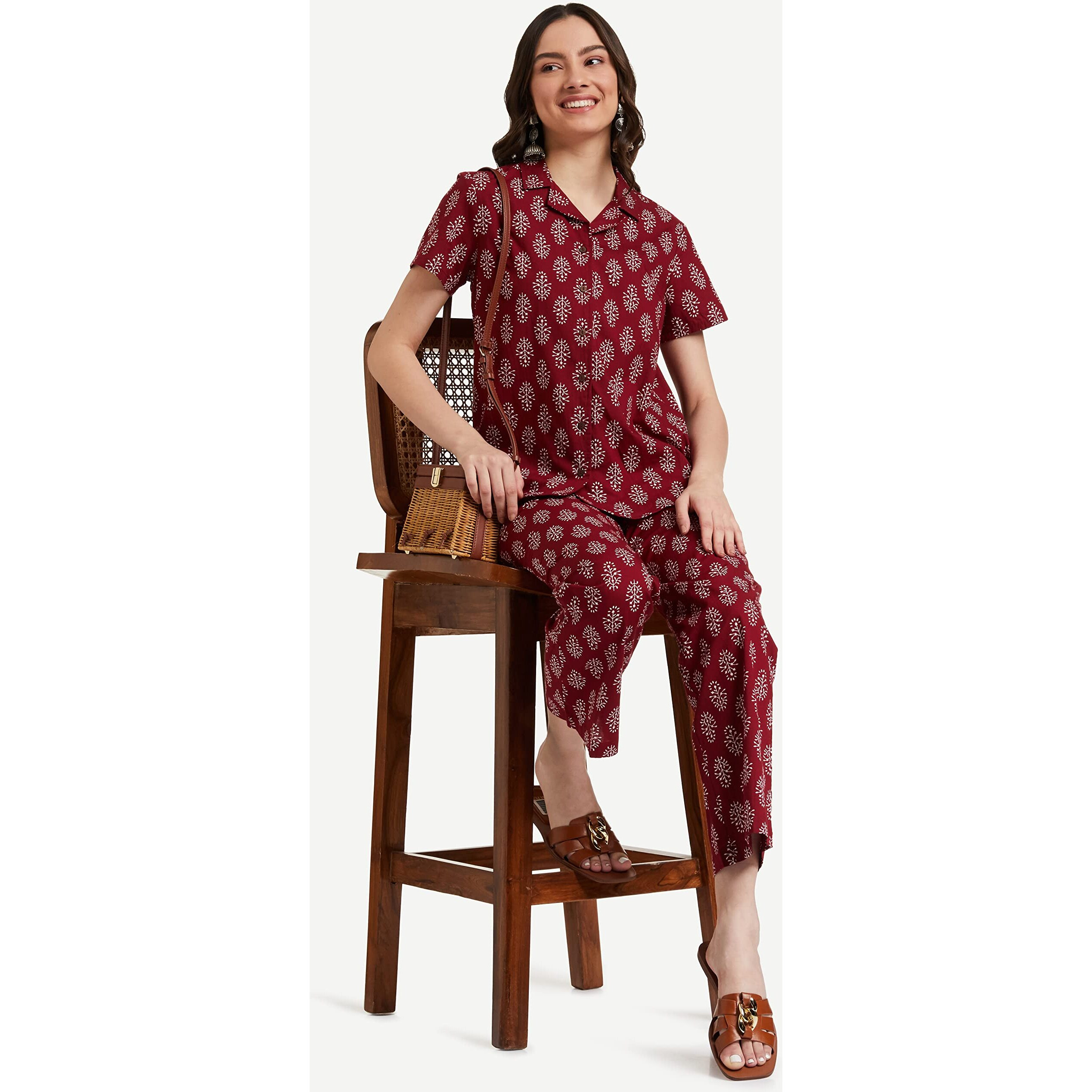 Amazon Brand - Myx Women's Cotton All Over Print Pajama Set/Night Suit Set Pack Of 1 (Aur-Slp-04_Maroon_M Medium)