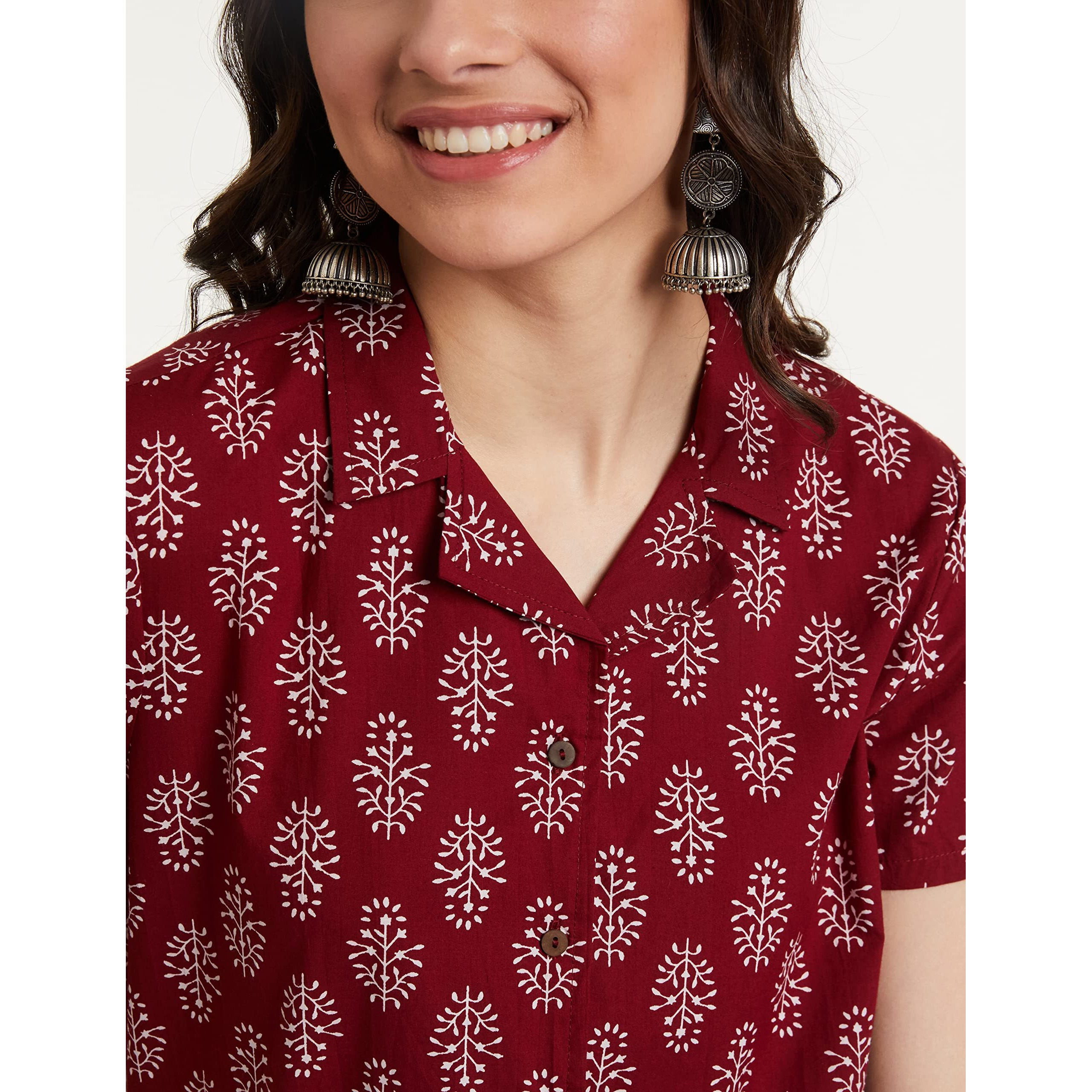 Amazon Brand - Myx Women's Cotton All Over Print Pajama Set/Night Suit Set Pack Of 1 (Aur-Slp-04_Maroon_M Medium)